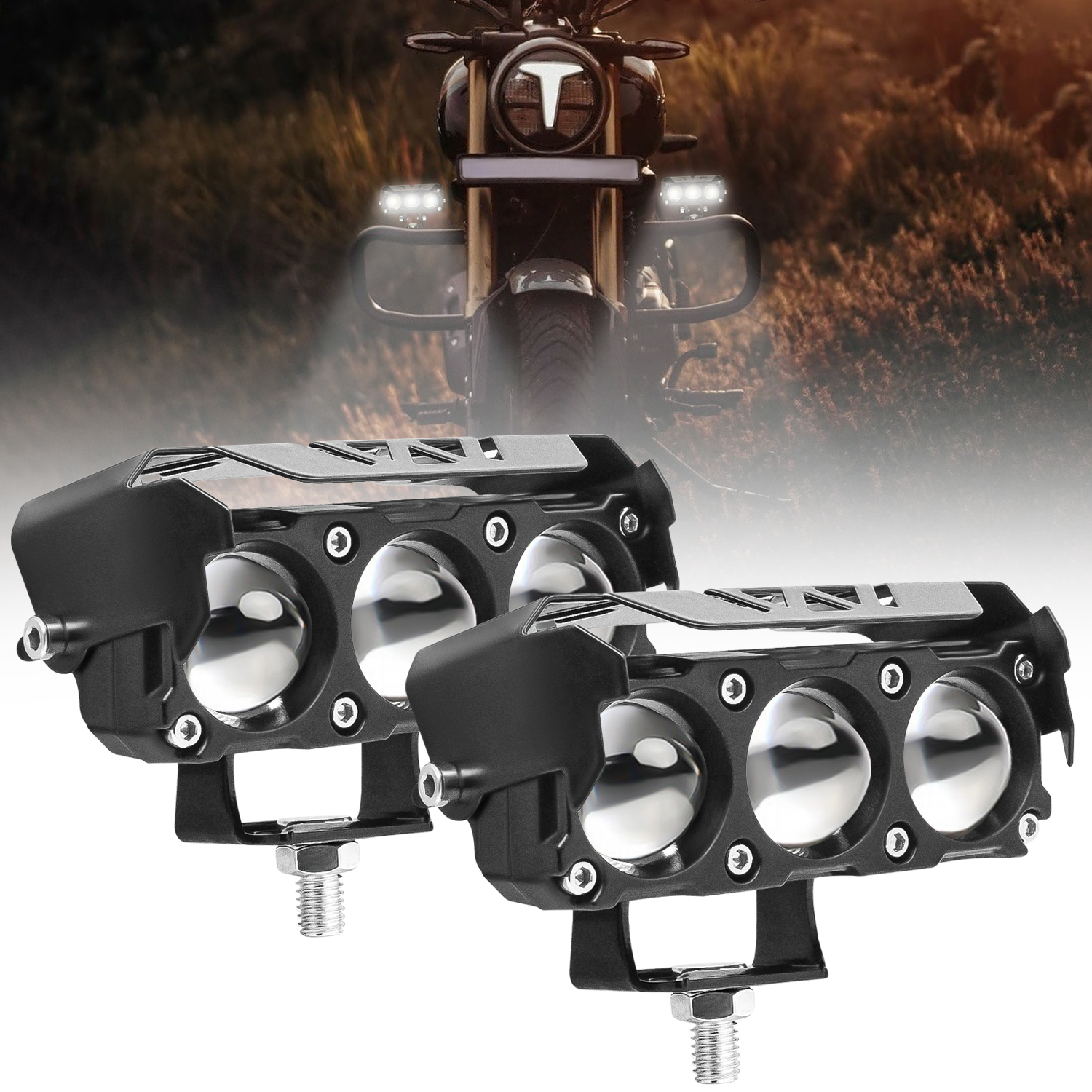 CARZEX 3 Eye Led Mini Drive Fog Light Projector Bar Light with White/Yellow Led DRL Light for Cars, Bikes, Scooty Metal Body with Turn On/Off Switch, Set of 2 Pcs