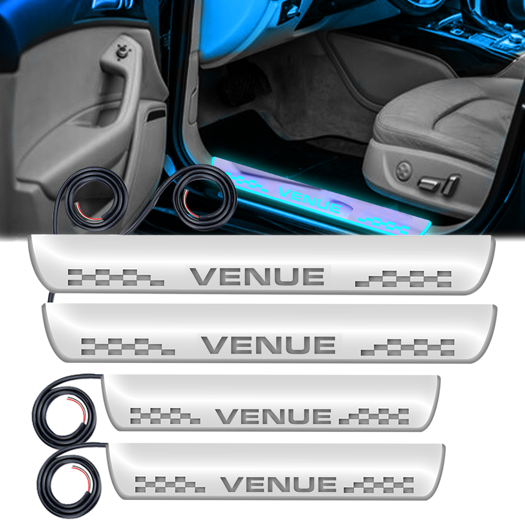 Carzex Car Door Foot Step Led Sill Plate Hyundai Venue (Set of 4 PCS, Blue)