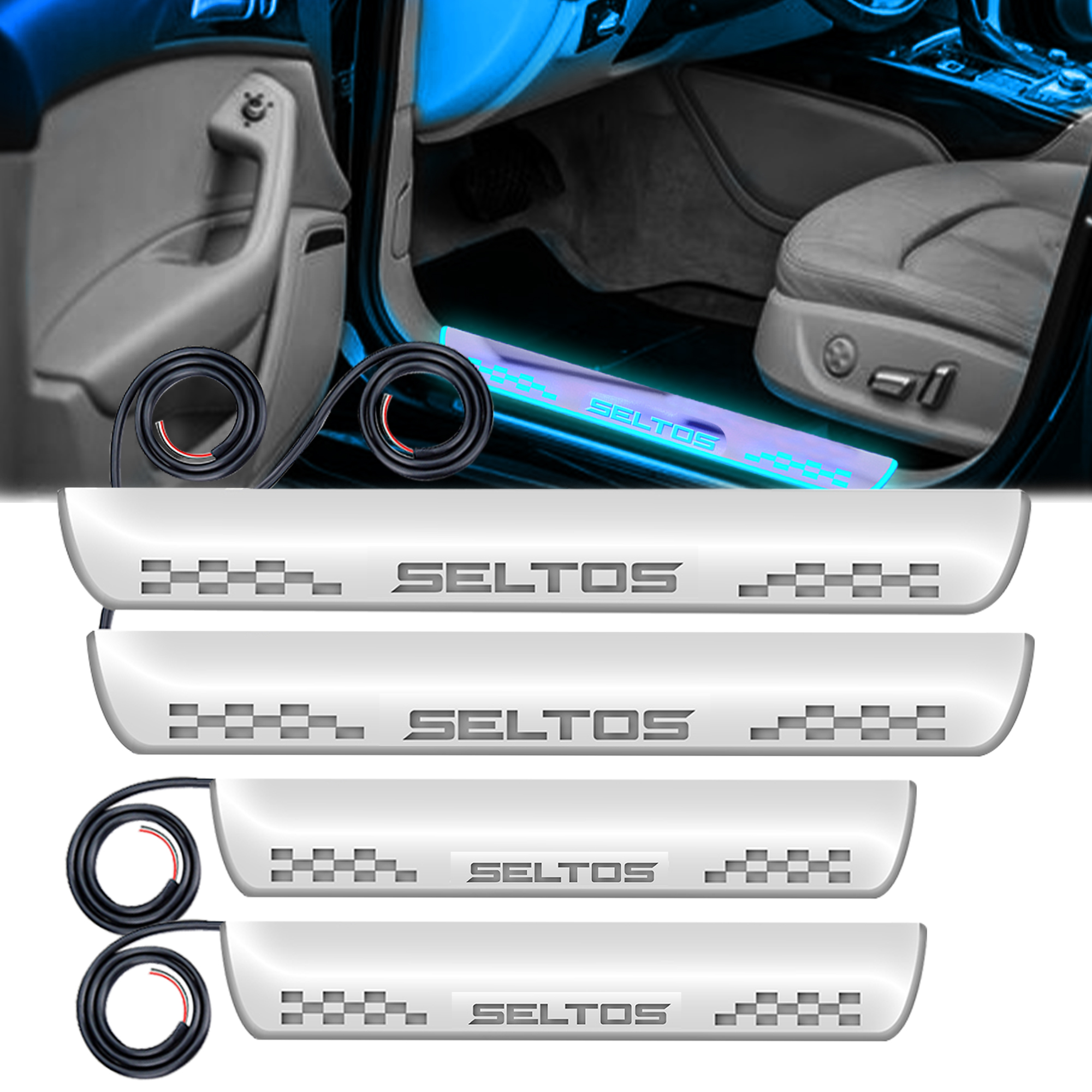 Carzex Car Door Foot Step Led Sill Plate for Kia Seltos (Set of 4 PCS, Blue)