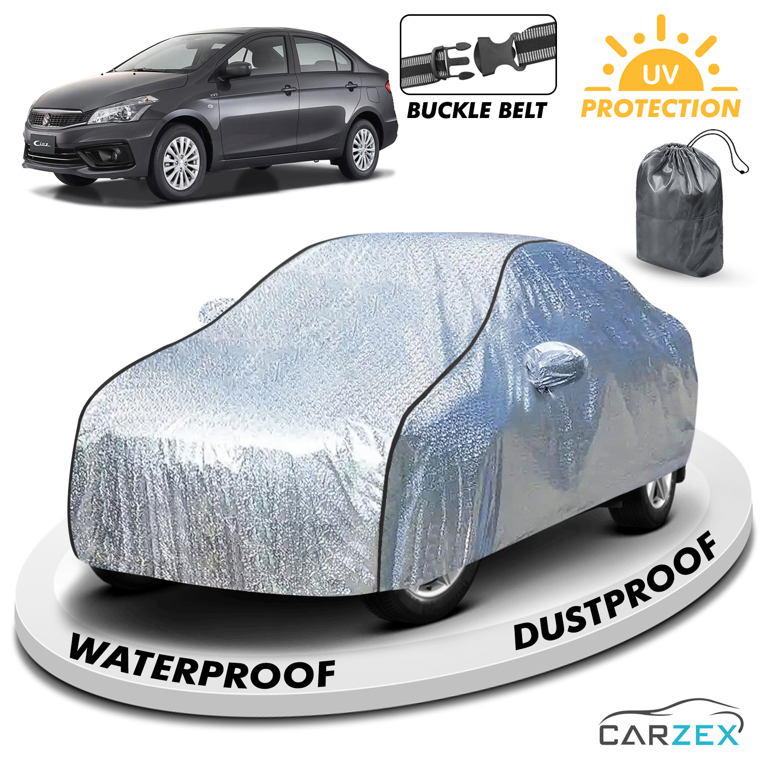 Carzex Waterproof & Heat Resistant Metallic Silver Car Body Cover with Soft Cotton Lining with Mirror Pockets - Maruti Suzuki Ciaz