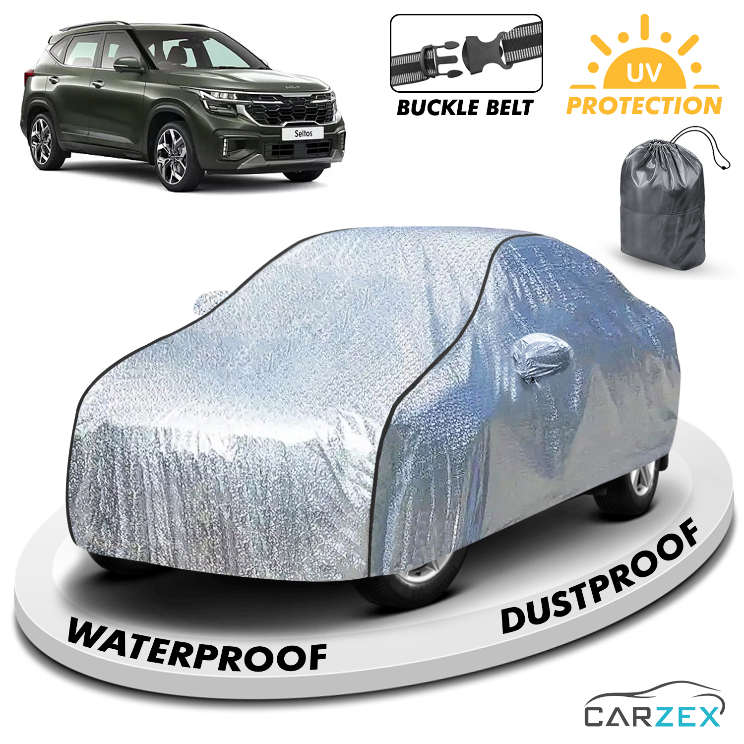 Carzex Waterproof & Heat Resistant Metallic Silver With Black Border Car Body Cover with Mirror Pockets For Kia Seltos