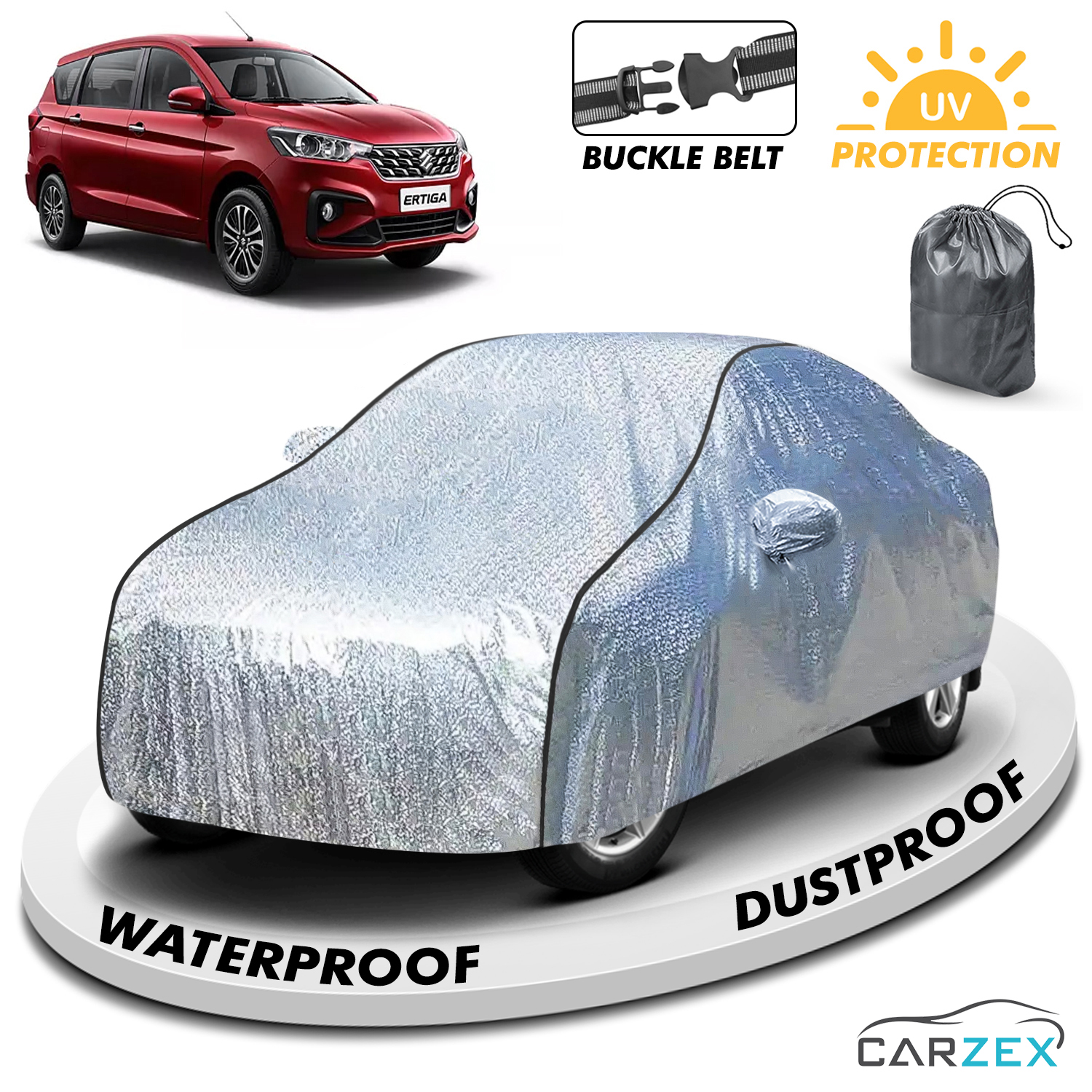 Carzex Waterproof & Heat Resistant Metallic Silver With Black Border Car Body Cover with Mirror Pockets For Maruti Suzuki Ertiga