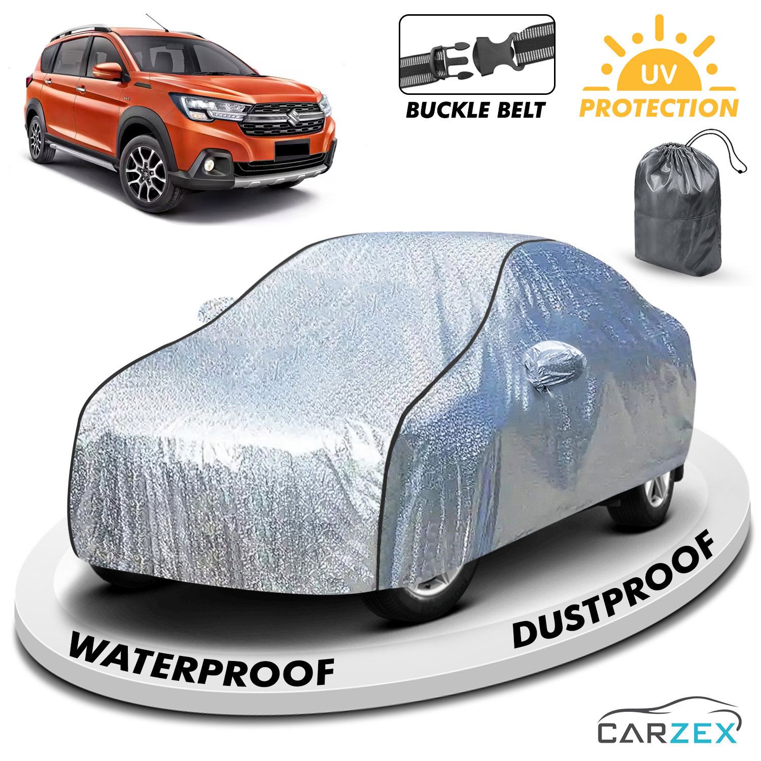 Carzex Waterproof & Heat Resistant Metallic Silver With Black Border Car Body Cover with Mirror Pockets For Maruti Suzuki Xl6