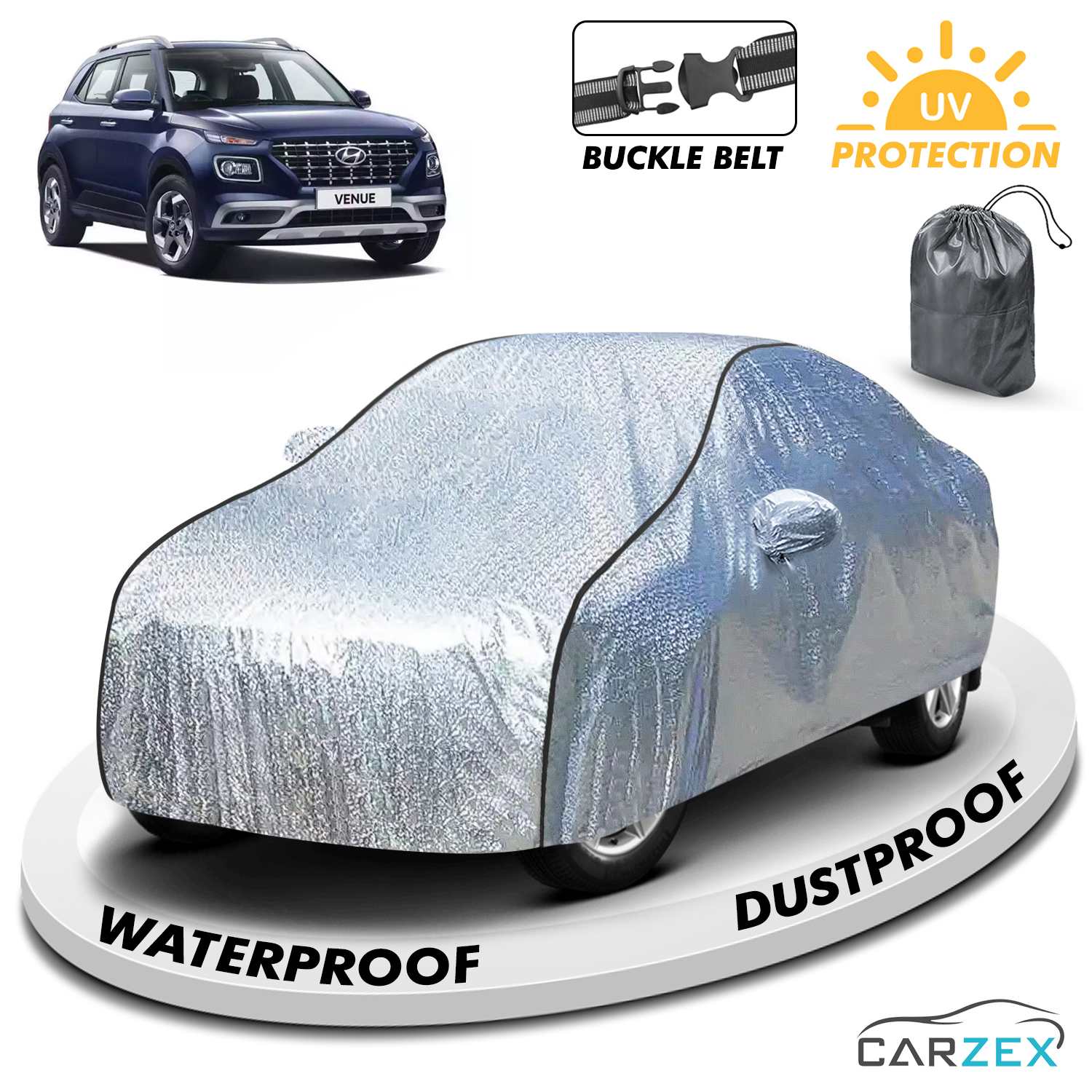 Carzex Waterproof & Heat Resistant Metallic Silver With Black Border Car Body Cover with Mirror Pockets For Hyundai Venue