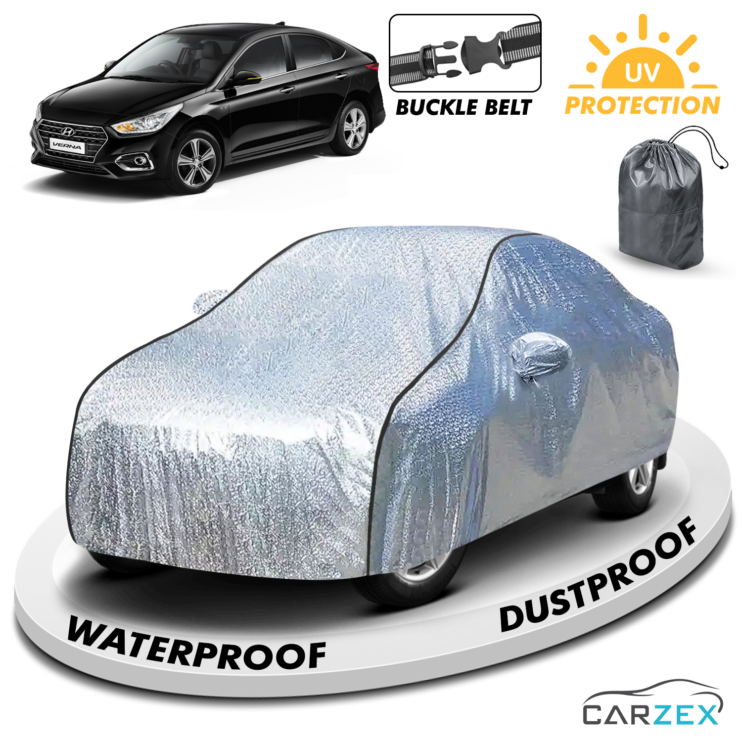 Carzex Waterproof & Heat Resistant Metallic Silver With Black Border Car Body Cover with Mirror Pockets For Hyundai Verna