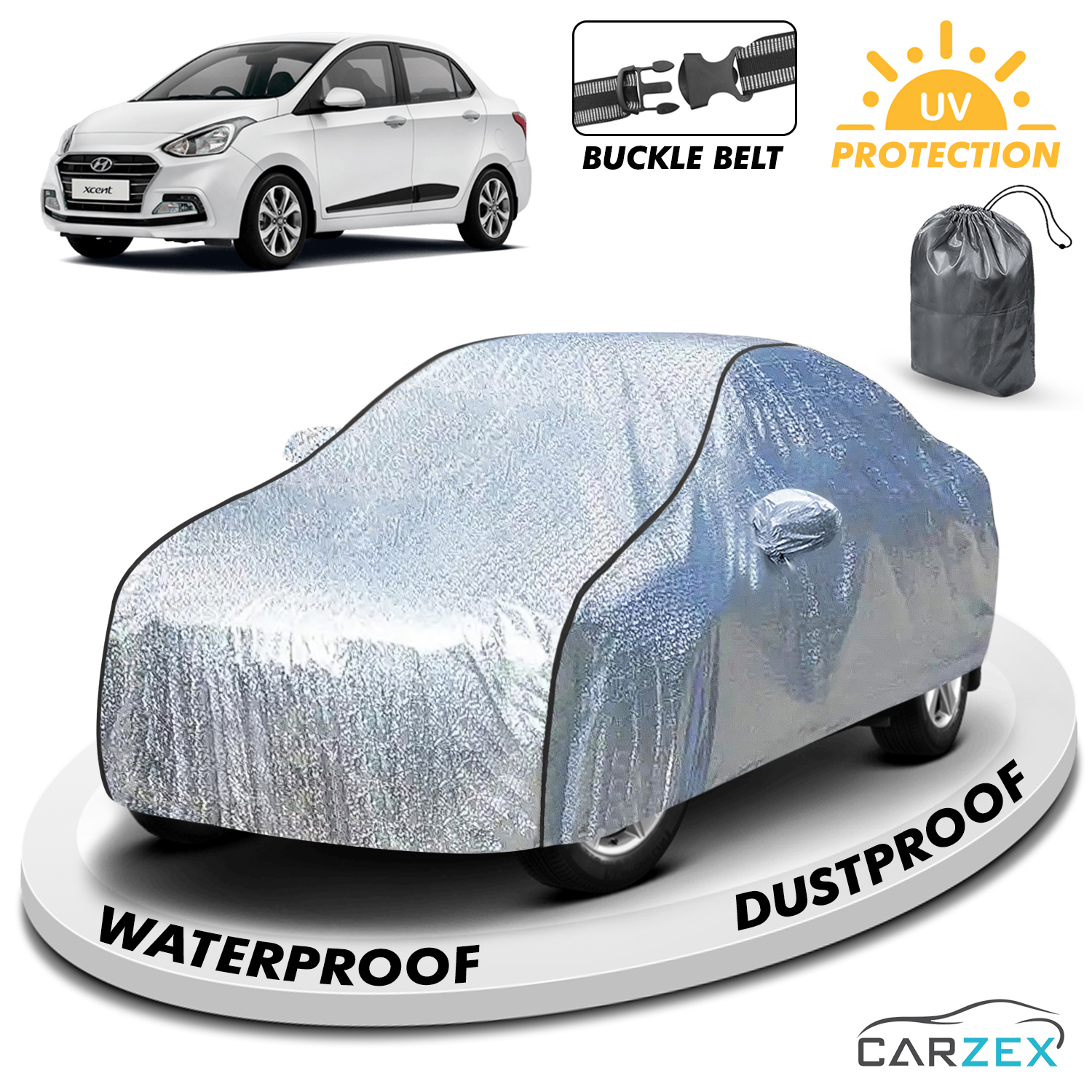Carzex Waterproof & Heat Resistant Metallic Silver With Black Border Car Body Cover with Mirror Pockets For Hyundai Xcent