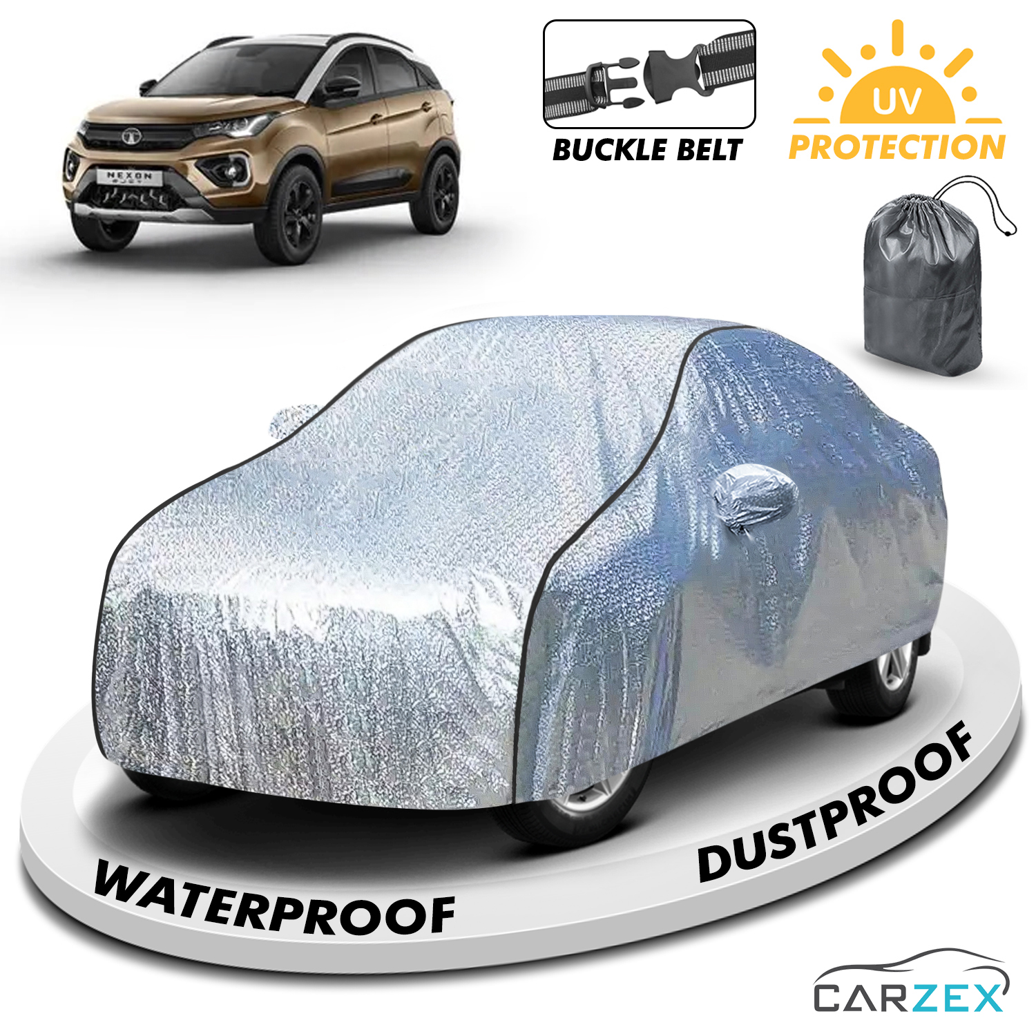 Carzex Waterproof & Heat Resistant Metallic Silver With Black Border Car Body Cover with Mirror Pockets For Tata Nexon