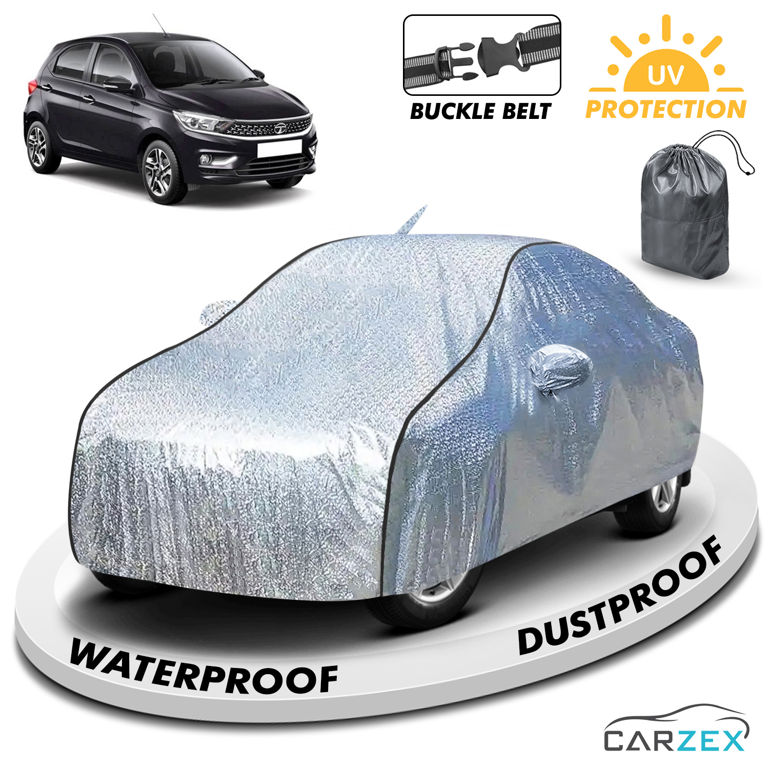 Carzex Waterproof & Heat Resistant Metallic Silver With Black Border Car Body Cover with Mirror & Antenna Pockets For Tata Tiago