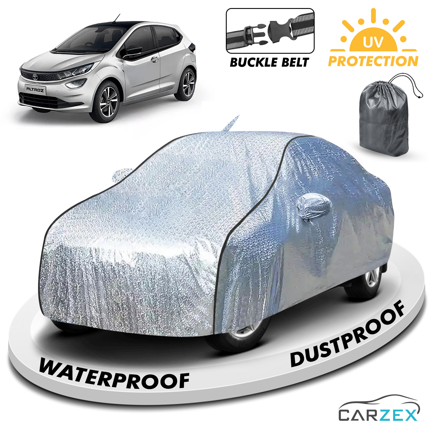 Carzex Waterproof & Heat Resistant Metallic Silver With Black Border Car Body Cover with Mirror & Antenna Pockets For Tata Altroz