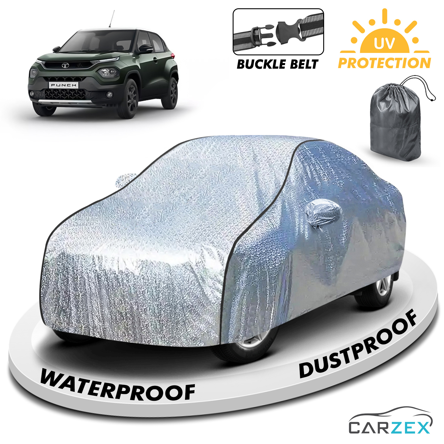 Carzex Waterproof & Heat Resistant Metallic Silver With Black Border Car Body Cover with Mirror Pockets For Tata Punch