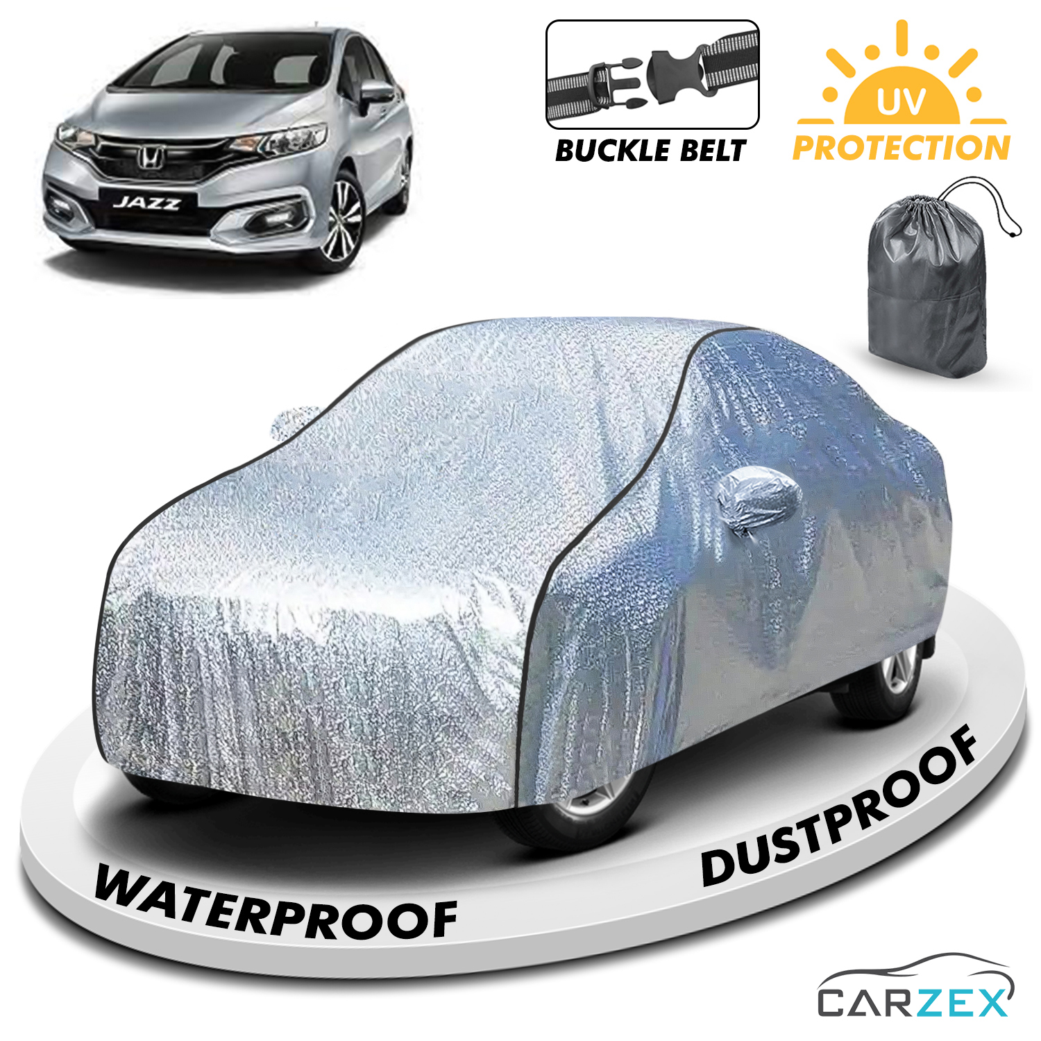 Carzex Waterproof & Heat Resistant Metallic Silver With Black Border Car Body Cover with Mirror & Antenna Pockets For Honda Jazz