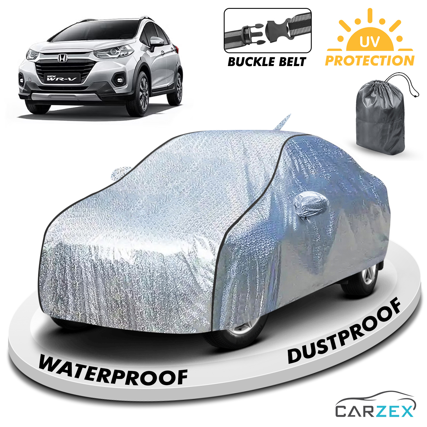 Carzex Waterproof & Heat Resistant Metallic Silver With Black Border Car Body Cover with Mirror & Antenna Pockets For Honda Wr-V
