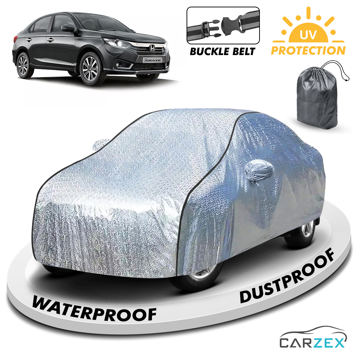 Carzex Waterproof & Heat Resistant Metallic Silver With Black Border Car Body Cover with Mirror & Antenna Pockets For Honda Amaze Old