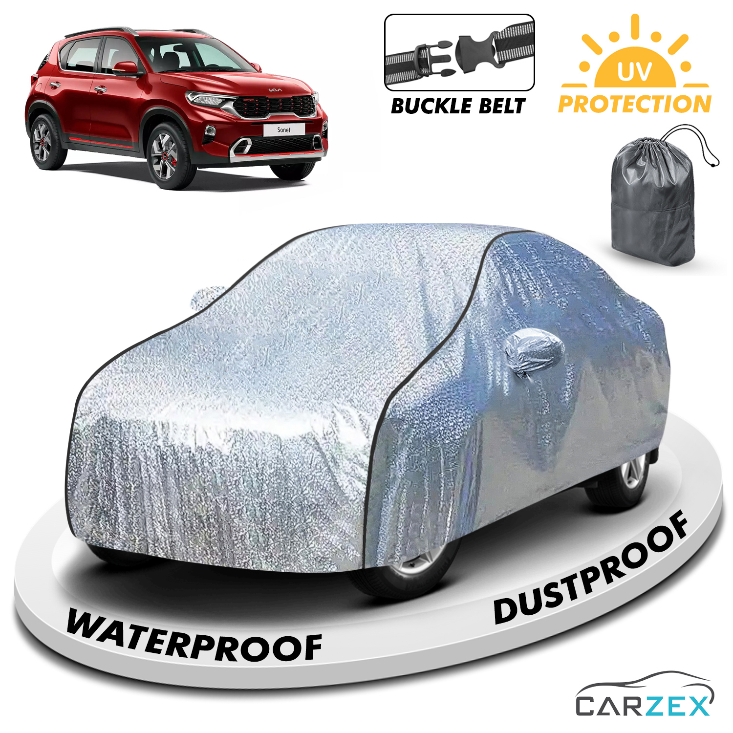 Carzex Waterproof & Heat Resistant Metallic Silver With Black Border Car Body Cover with Mirror Pockets For Kia Sonet