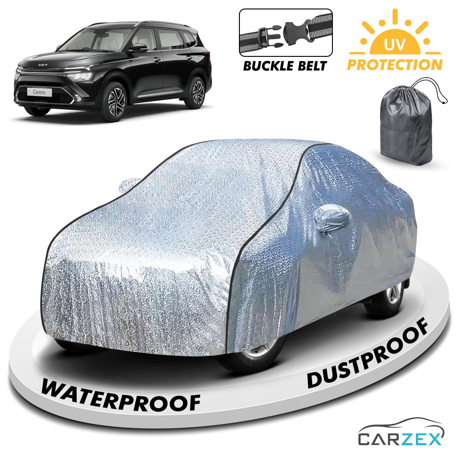 Carzex Waterproof & Heat Resistant Metallic Silver With Black Border Car Body Cover with Mirror Pockets For Kia Carens