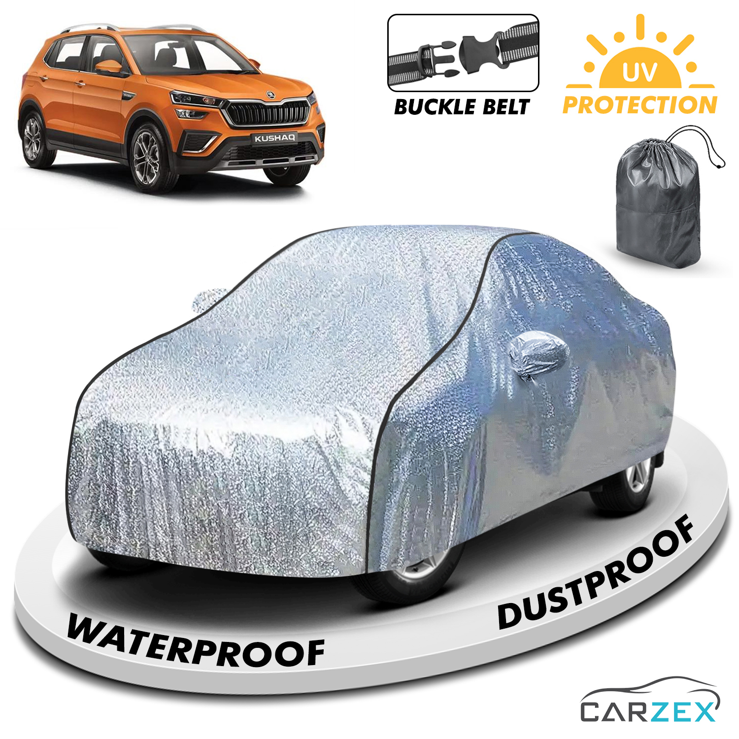 Carzex Waterproof & Heat Resistant Metallic Silver With Black Border Car Body Cover with Mirror & Antenna Pockets For Skoda Kushaq