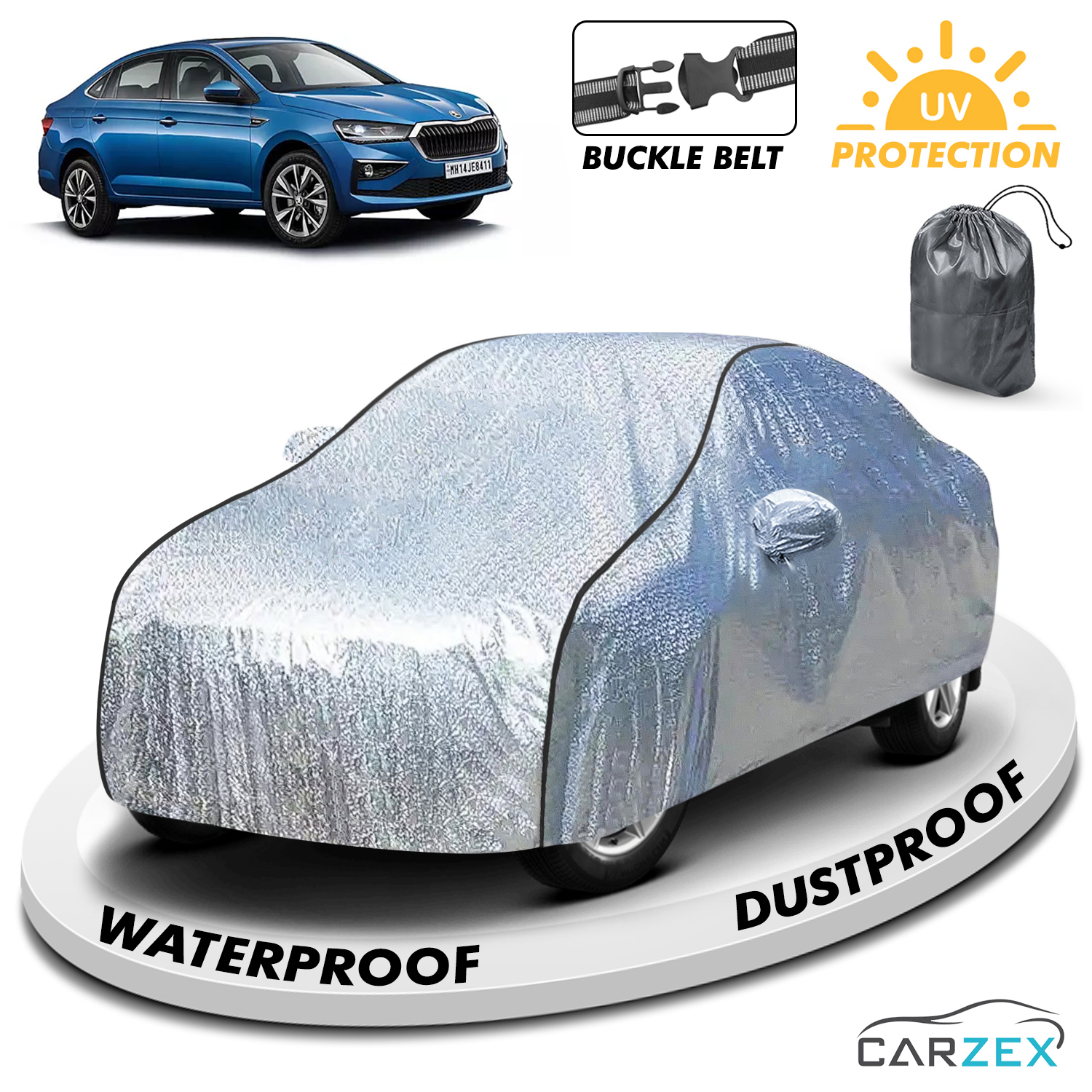 Carzex Waterproof & Heat Resistant Metallic Silver With Black Border Car Body Cover with Mirror Pockets For Skoda Slavia