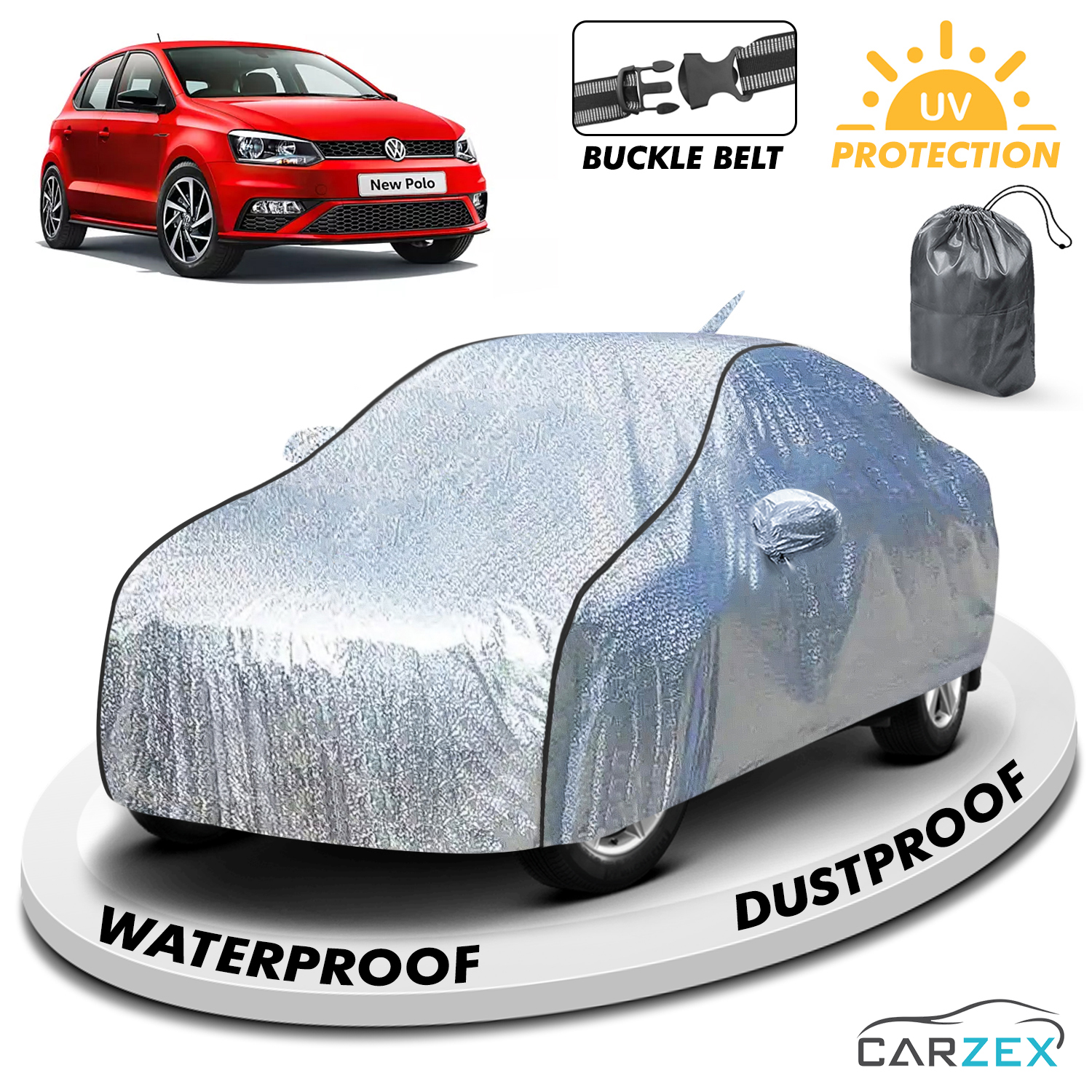 Carzex Waterproof & Heat Resistant Metallic Silver With Black Border Car Body Cover with Mirror & Antenna Pockets For Volkswagen Polo