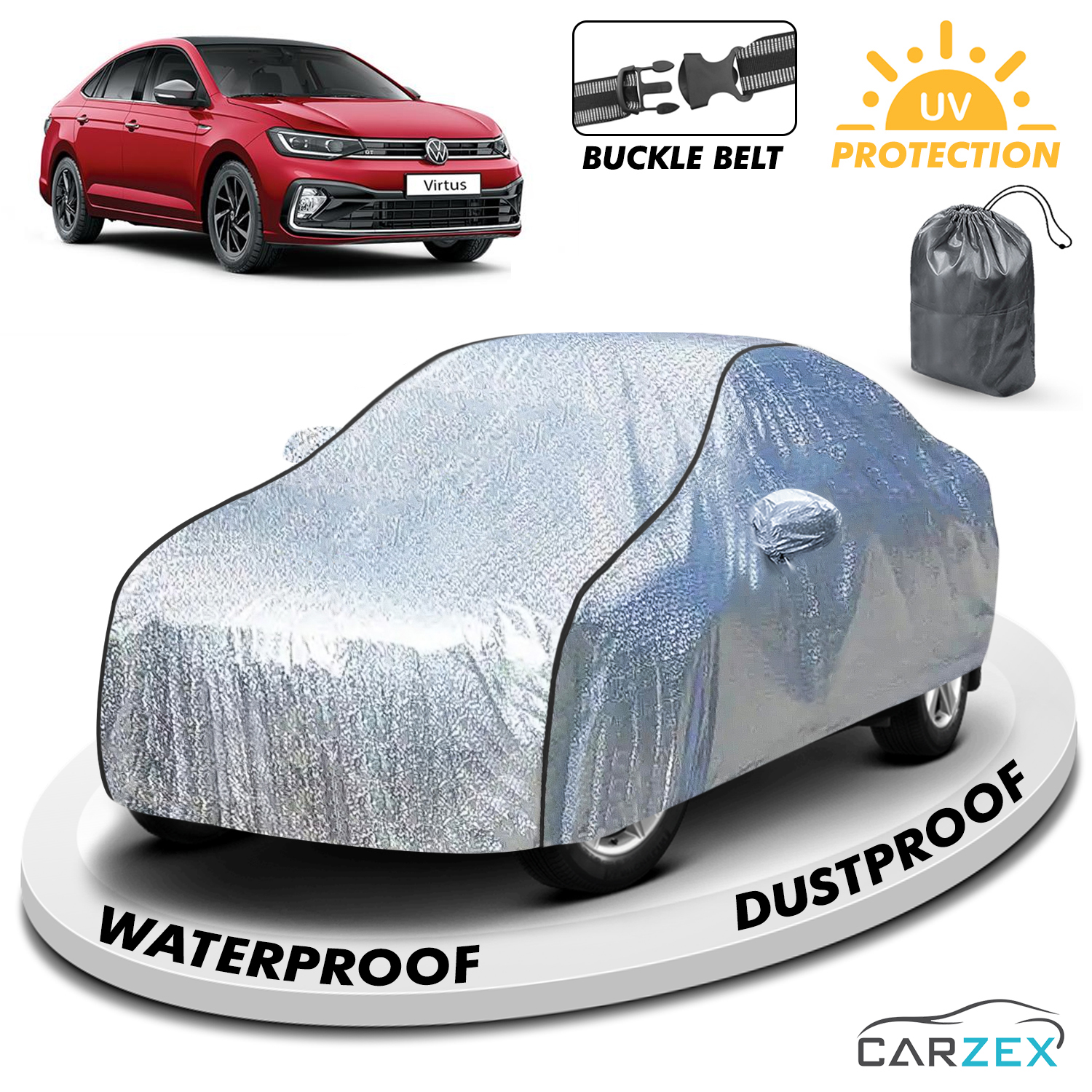 Carzex Waterproof & Heat Resistant Metallic Silver With Black Border Car Body Cover with Mirror Pockets For Volkswagen Virtus