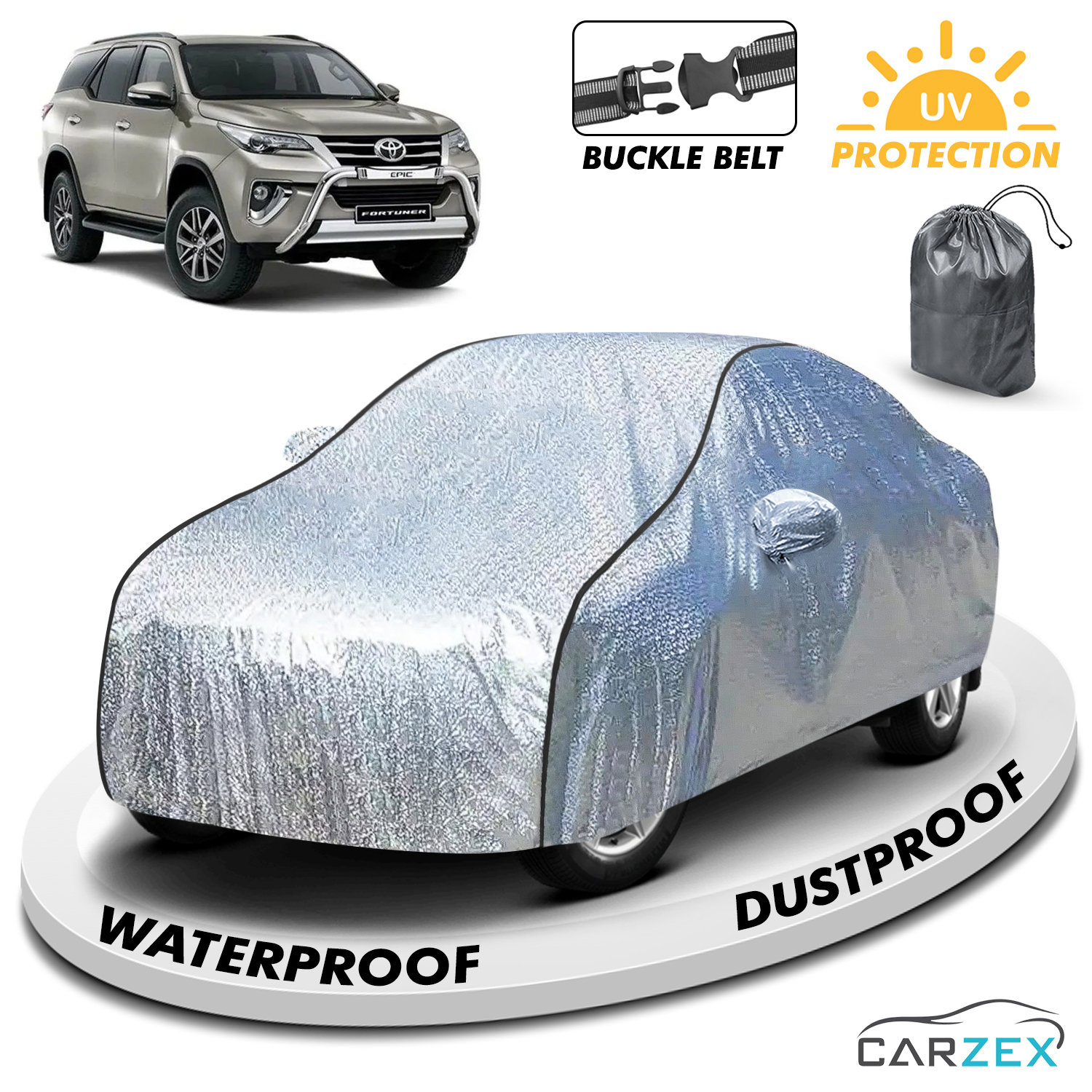 Carzex Waterproof & Heat Resistant Metallic Silver With Black Border Car Body Cover with Mirror Pockets For Toyota Fortuner New