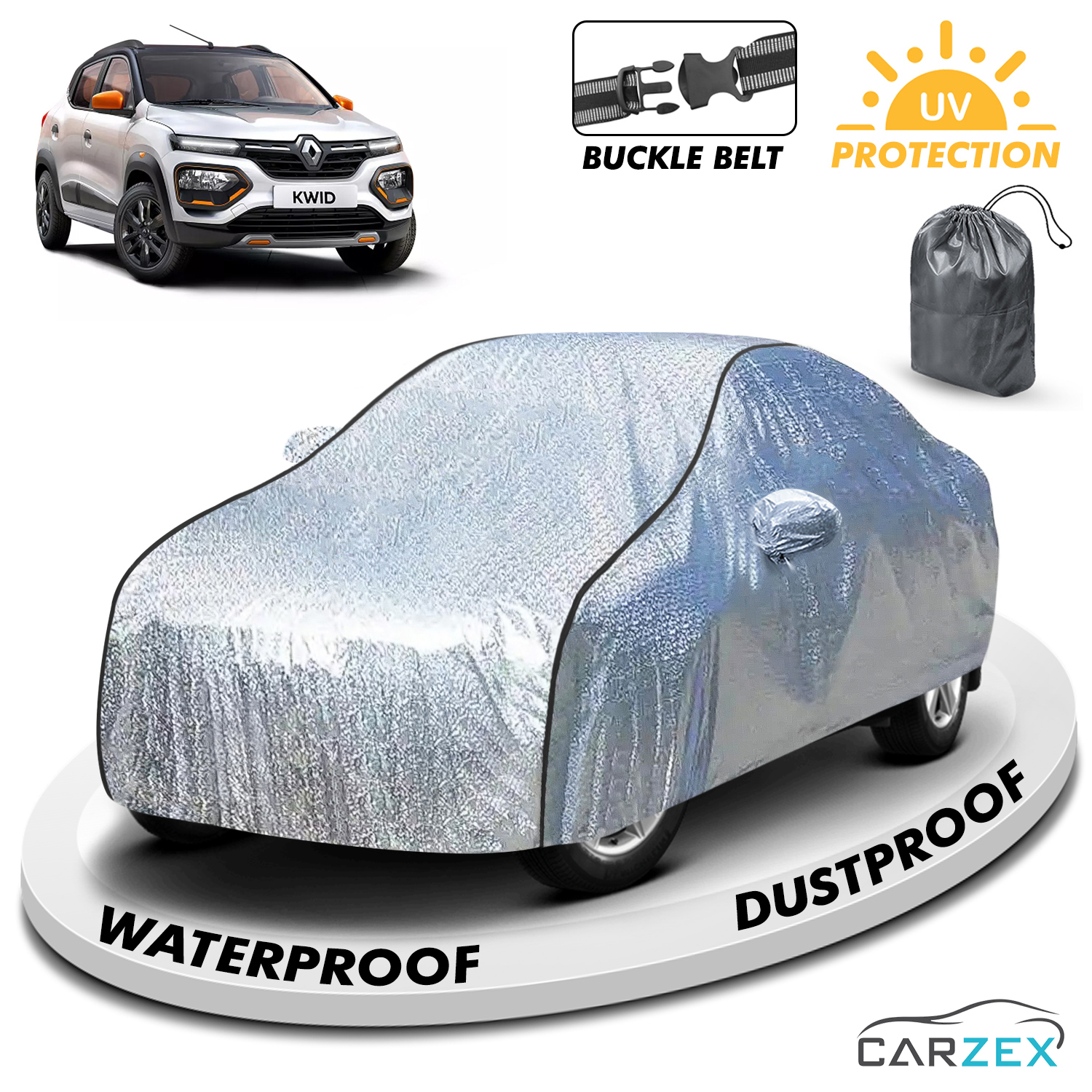 Carzex Waterproof & Heat Resistant Metallic Silver With Black Border Car Body Cover with Mirror Pockets For Renault Kwid Old