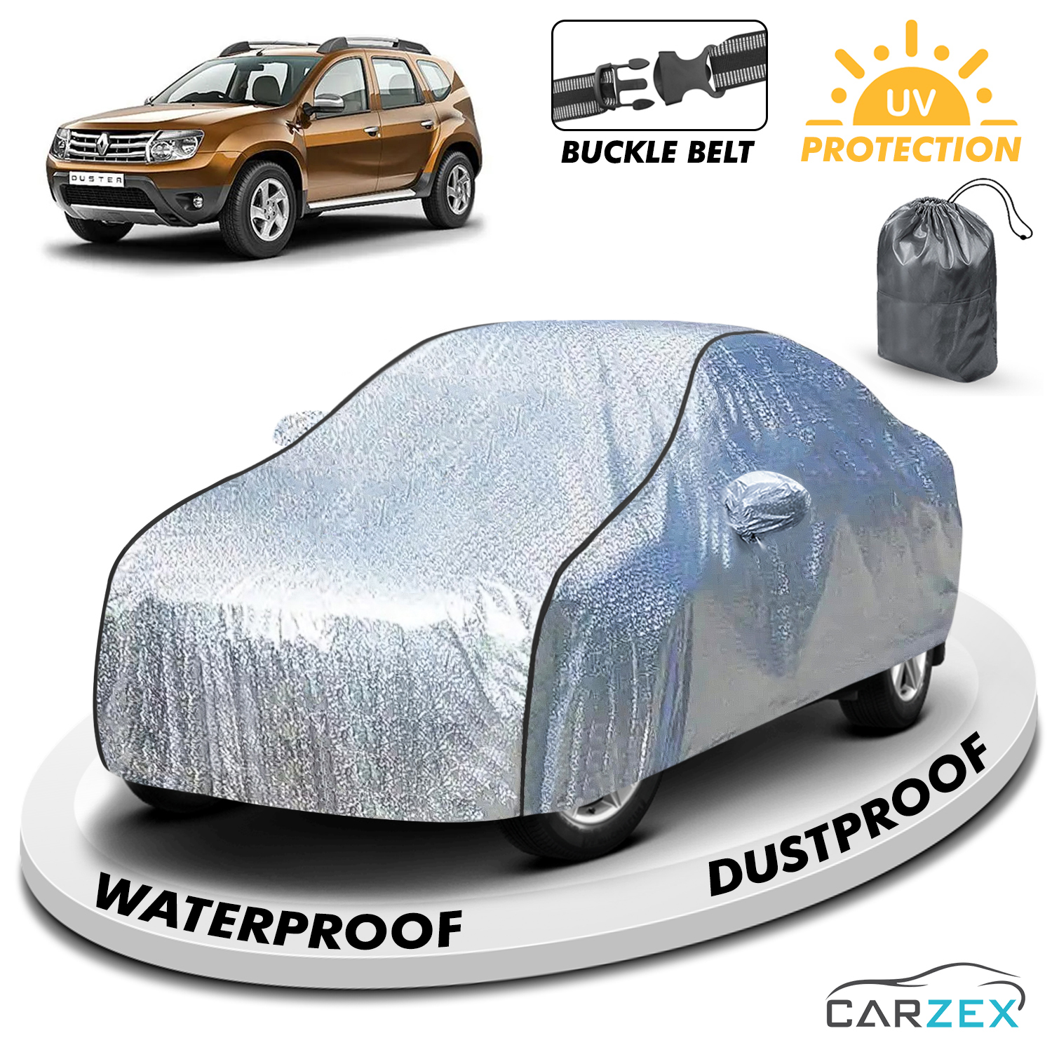 Carzex Waterproof & Heat Resistant Metallic Silver With Black Border Car Body Cover with Mirror Pockets For Renault Duster