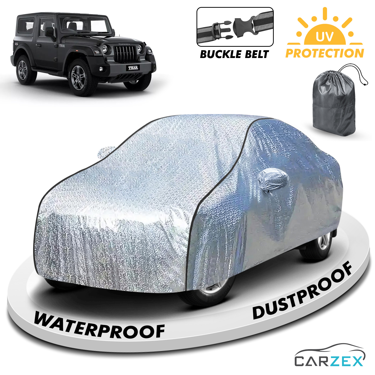 Carzex Waterproof & Heat Resistant Metallic Silver With Black Border Car Body Cover with Mirror Pockets For Mahindra Thar