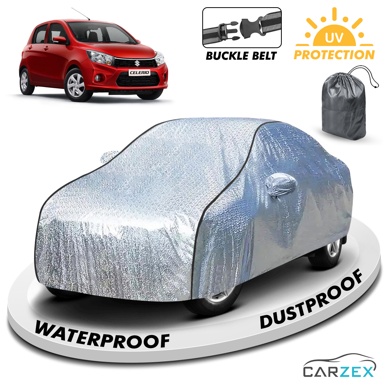 Carzex Waterproof & Heat Resistant Metallic Silver With Black Border Car Body Cover with Mirror & Antenna Pockets For Suzuki Celerio Old