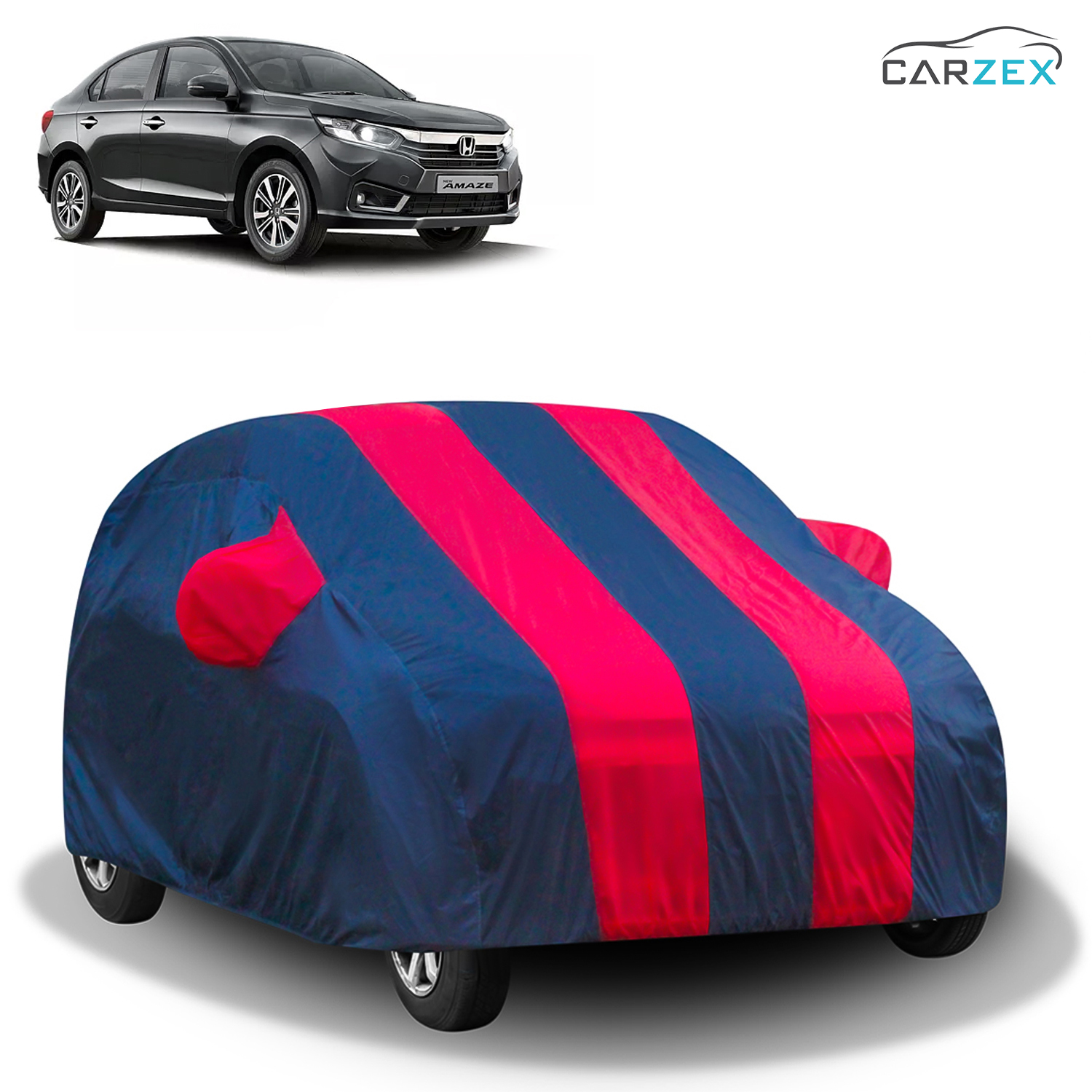 Carzex Stylish Red & Blue Stripes Car Body Cover with Mirror & Antenna Pockets for Honda Amaze 2018 for 2020