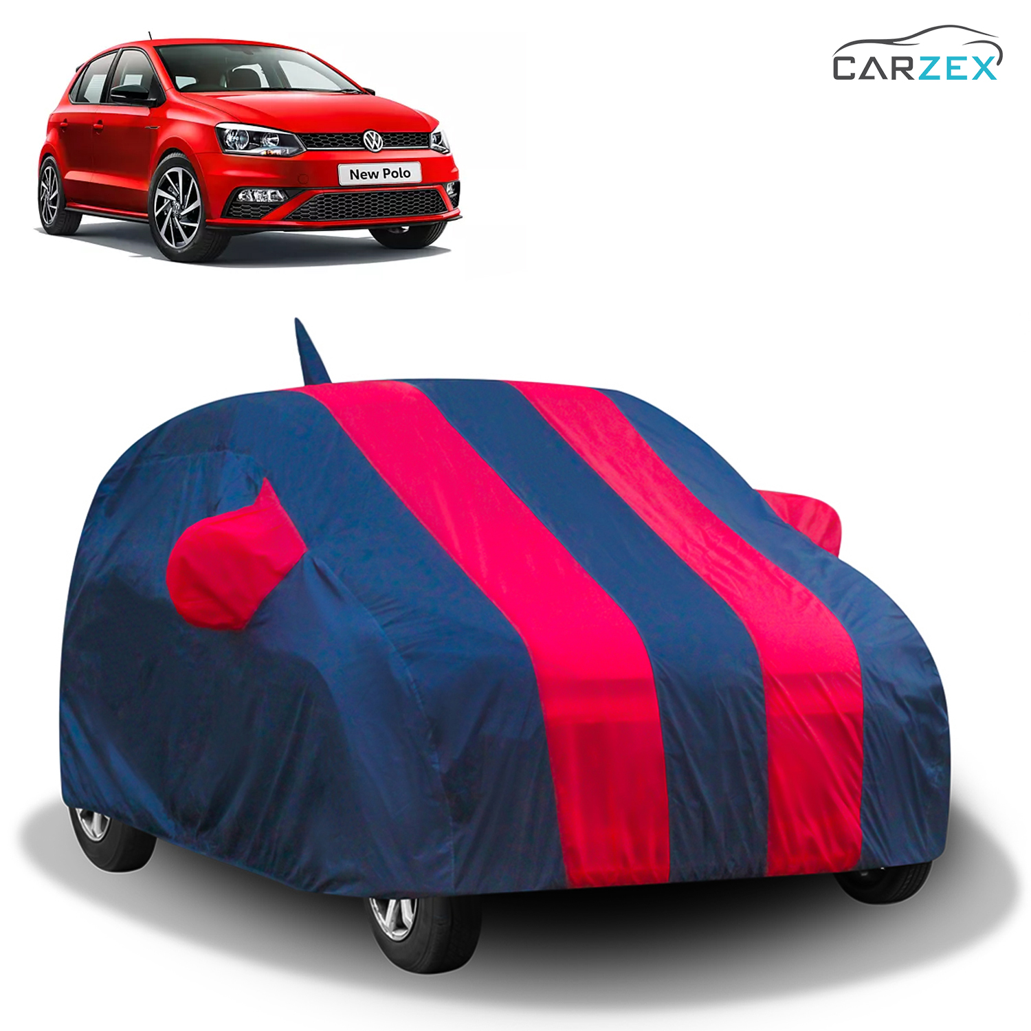 Carzex Stylish Red & Blue Stripes Car Body Cover with Mirror & Antenna Pockets for Volkswagen Polo