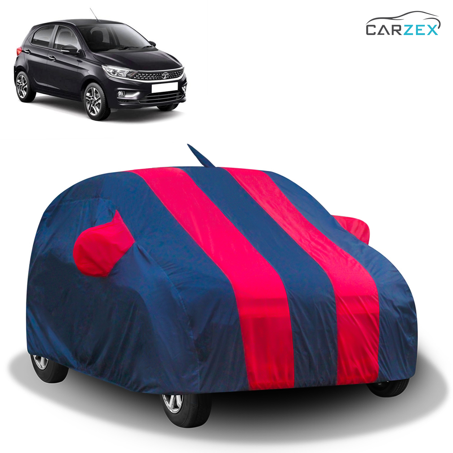 Carzex Stylish Red & Blue Stripes Car Body Cover with Mirror & Antenna Pockets for Tata Tiago