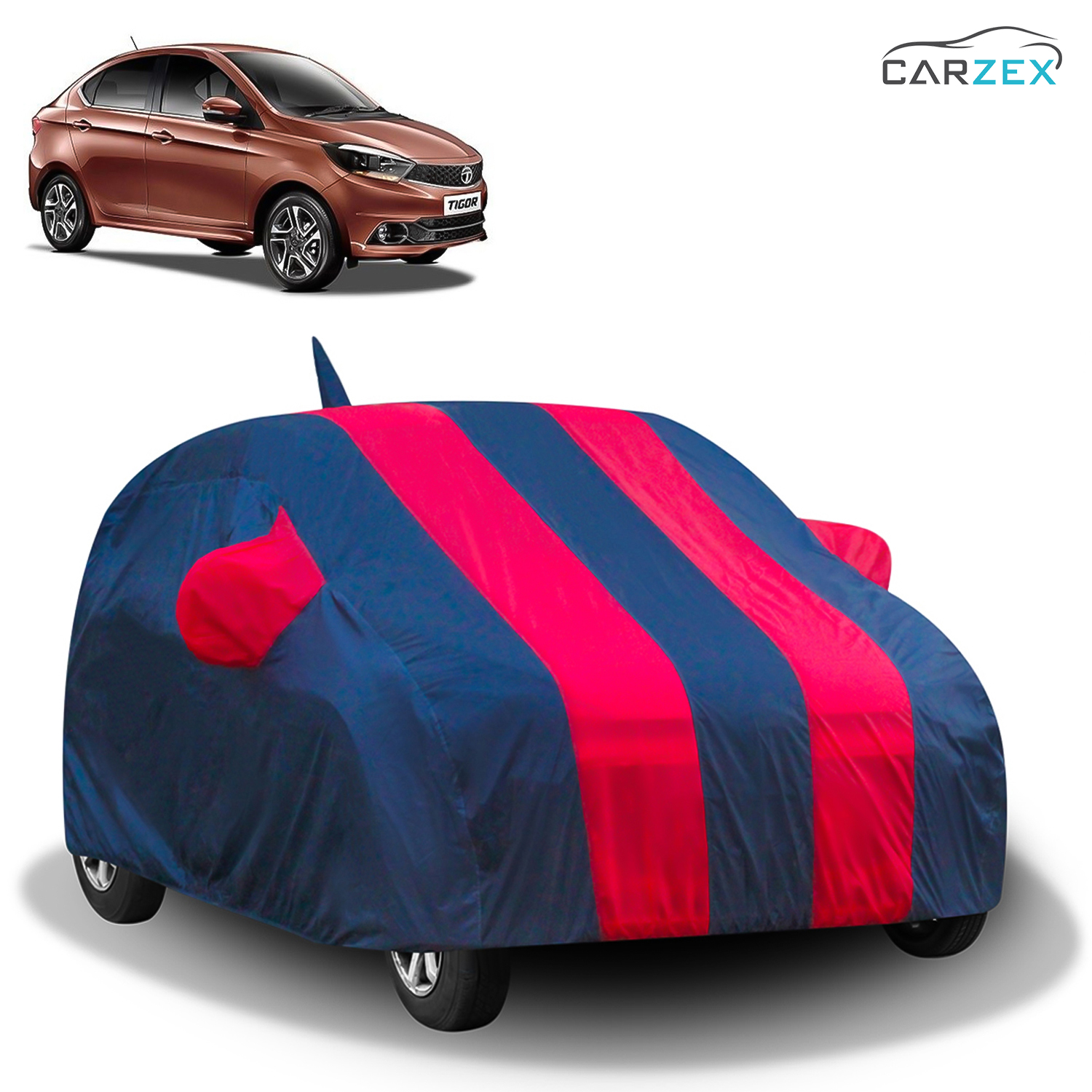 Carzex Stylish Red & Blue Stripes Car Body Cover with Mirror & Antenna Pockets for Tata Tigor