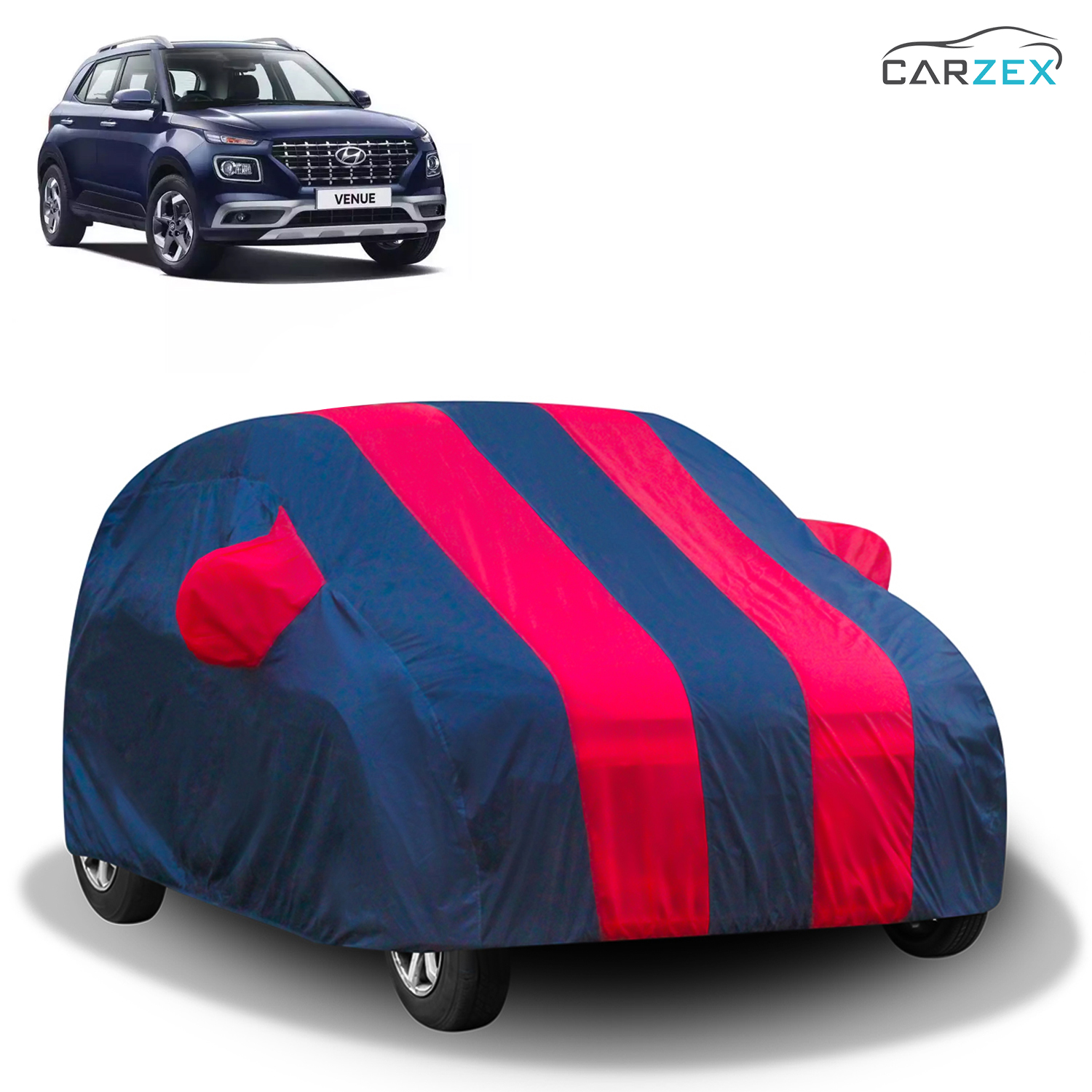 Carzex Stylish Red & Blue Stripes Car Body Cover with Mirror & Antenna Pockets for Hyundai Venue