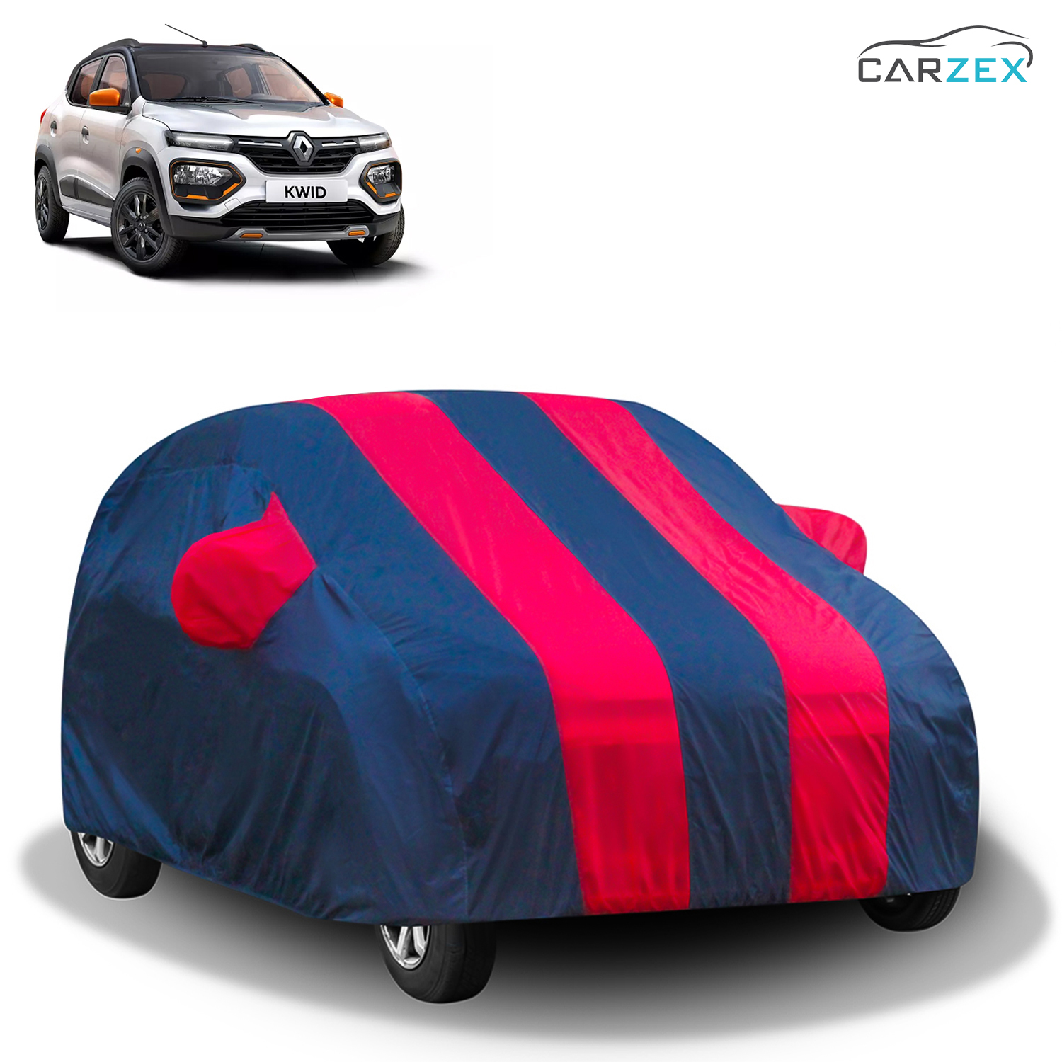 Carzex Stylish Red & Blue Stripes Car Body Cover with Mirror Pockets for Renault Kwid Old