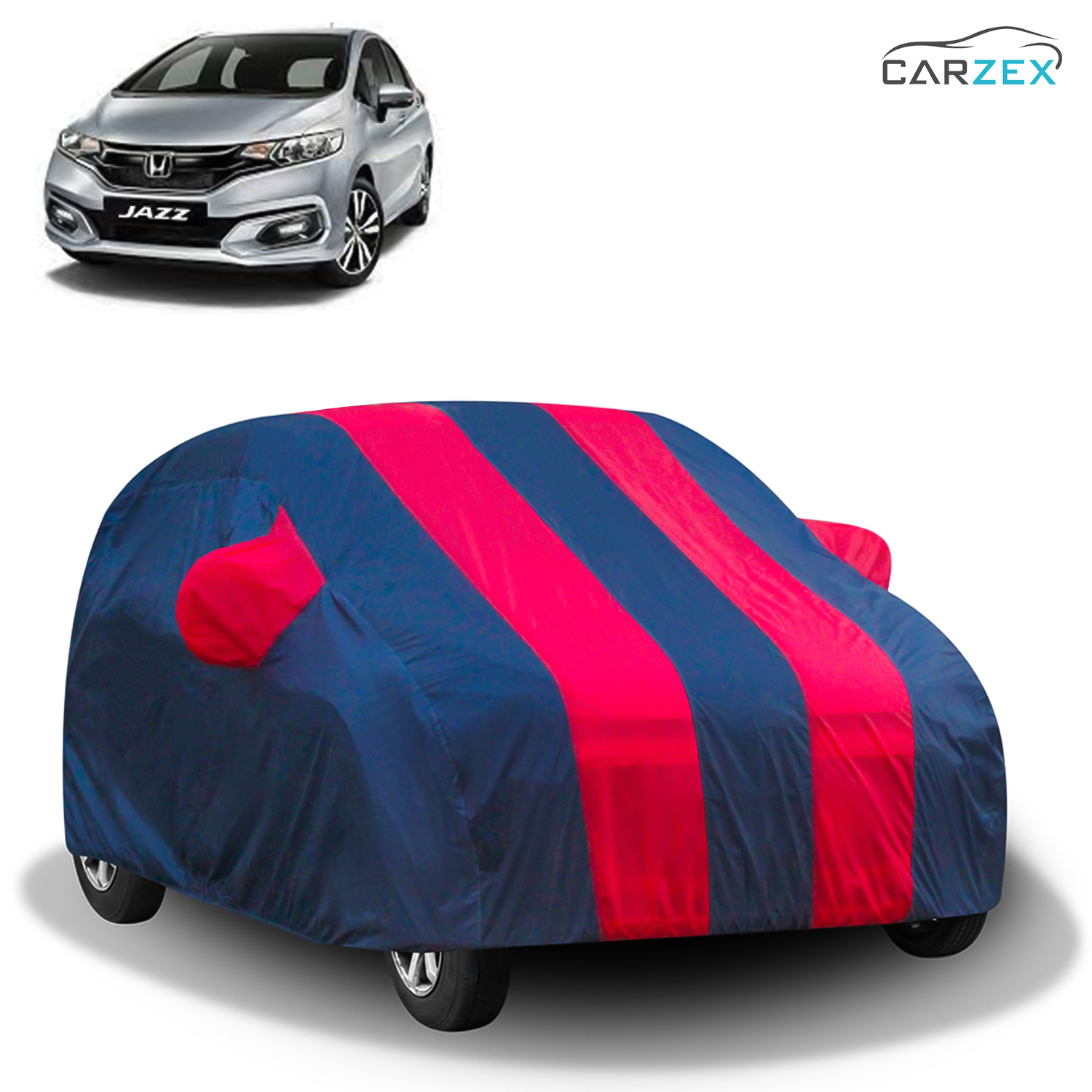 Carzex Stylish Red & Blue Stripes Car Body Cover with Mirror & Antenna Pockets for Honda Jazz