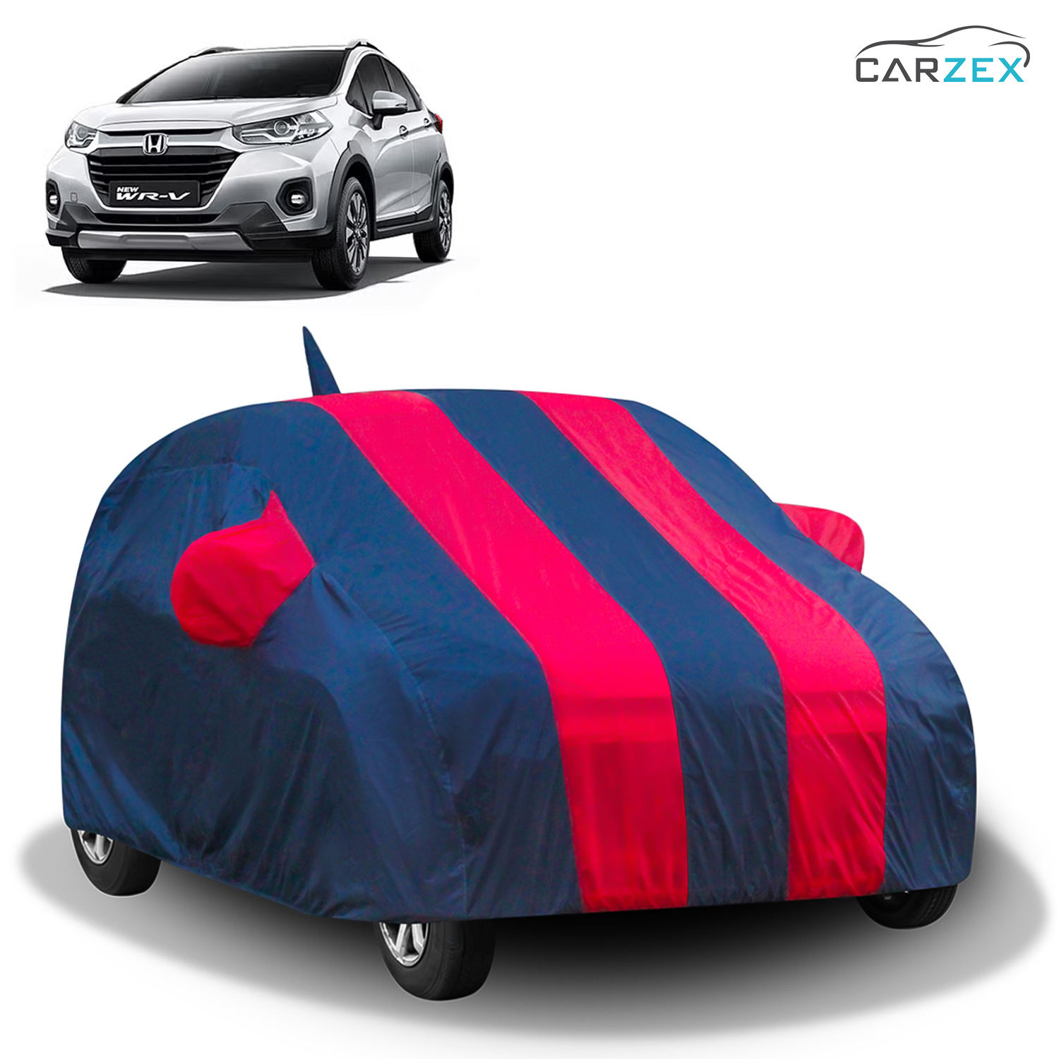 Carzex Stylish Red & Blue Stripes Car Body Cover with Mirror & Antenna Pockets for Honda WR-V