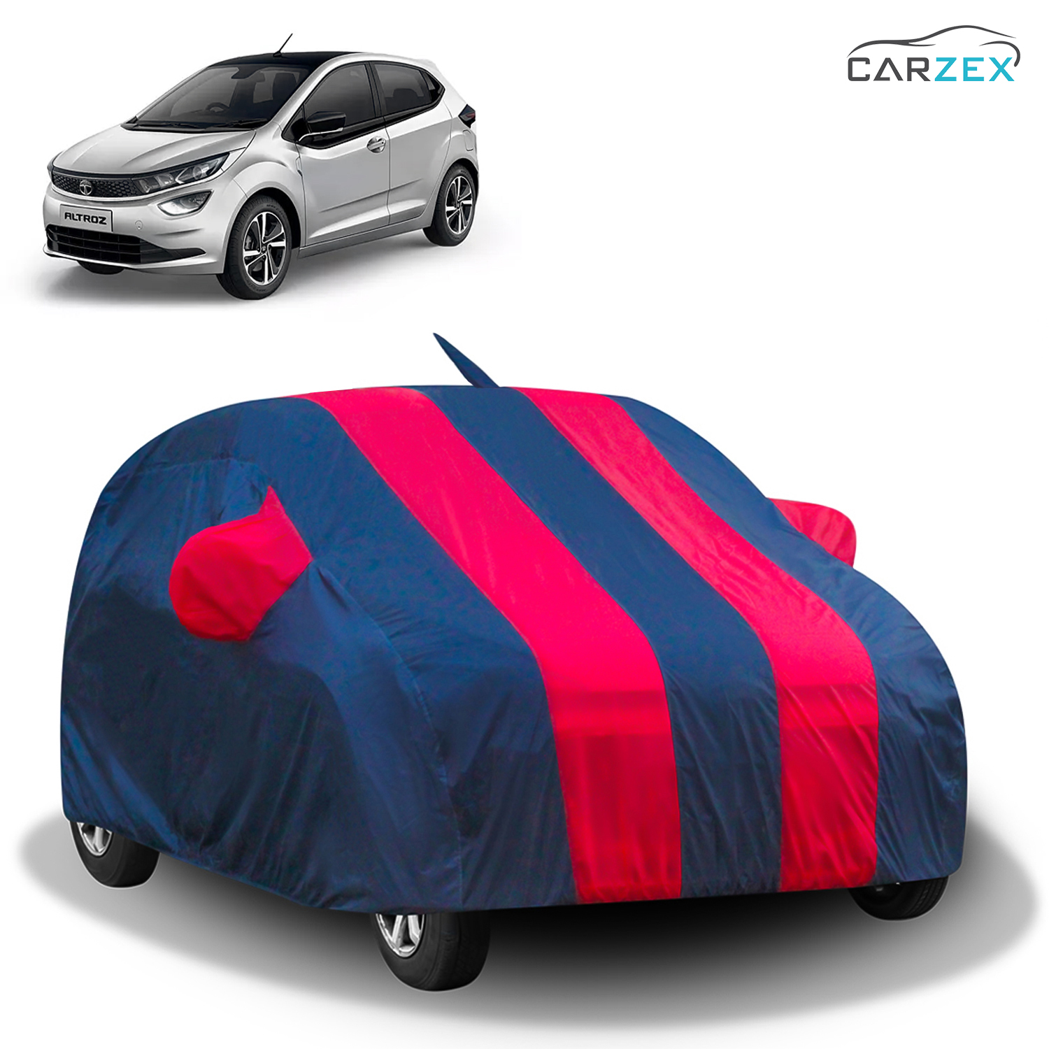 Carzex Stylish Red & Blue Stripes Car Body Cover with Mirror & Antenna Pockets for Tata Altroz