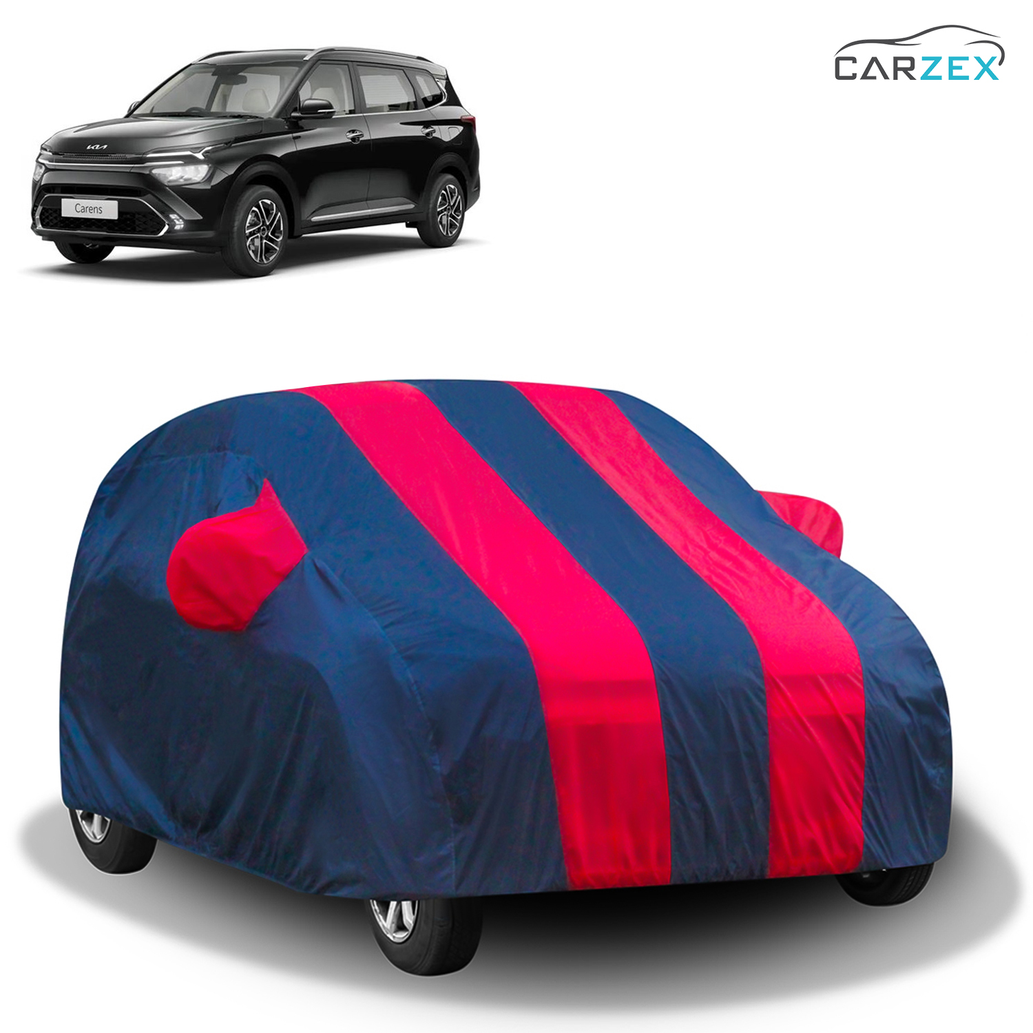 Carzex Stylish Red & Blue Stripes Car Body Cover with Mirror Pockets for Kia Carens
