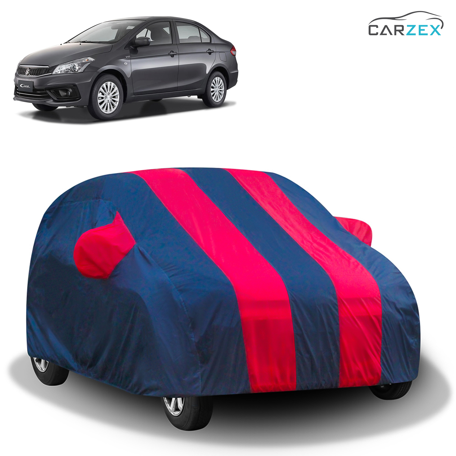 Carzex Stylish Red & Blue Stripes Car Body Cover with Mirror Pockets for Maruti Suzuki Ciaz