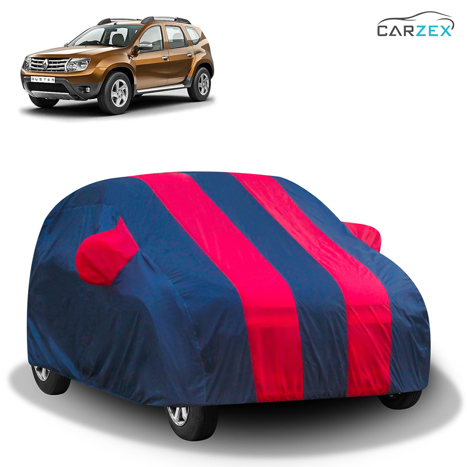 Carzex Stylish Red & Blue Stripes Car Body Cover with Mirror Pockets for Renault Duster