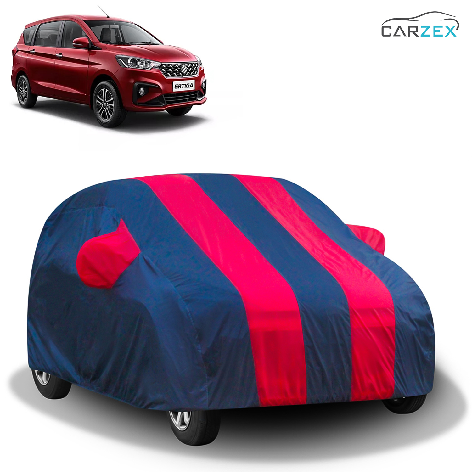 Carzex Stylish Red & Blue Stripes Car Body Cover with Mirror Pockets for Maruti Suzuki Ertiga Old