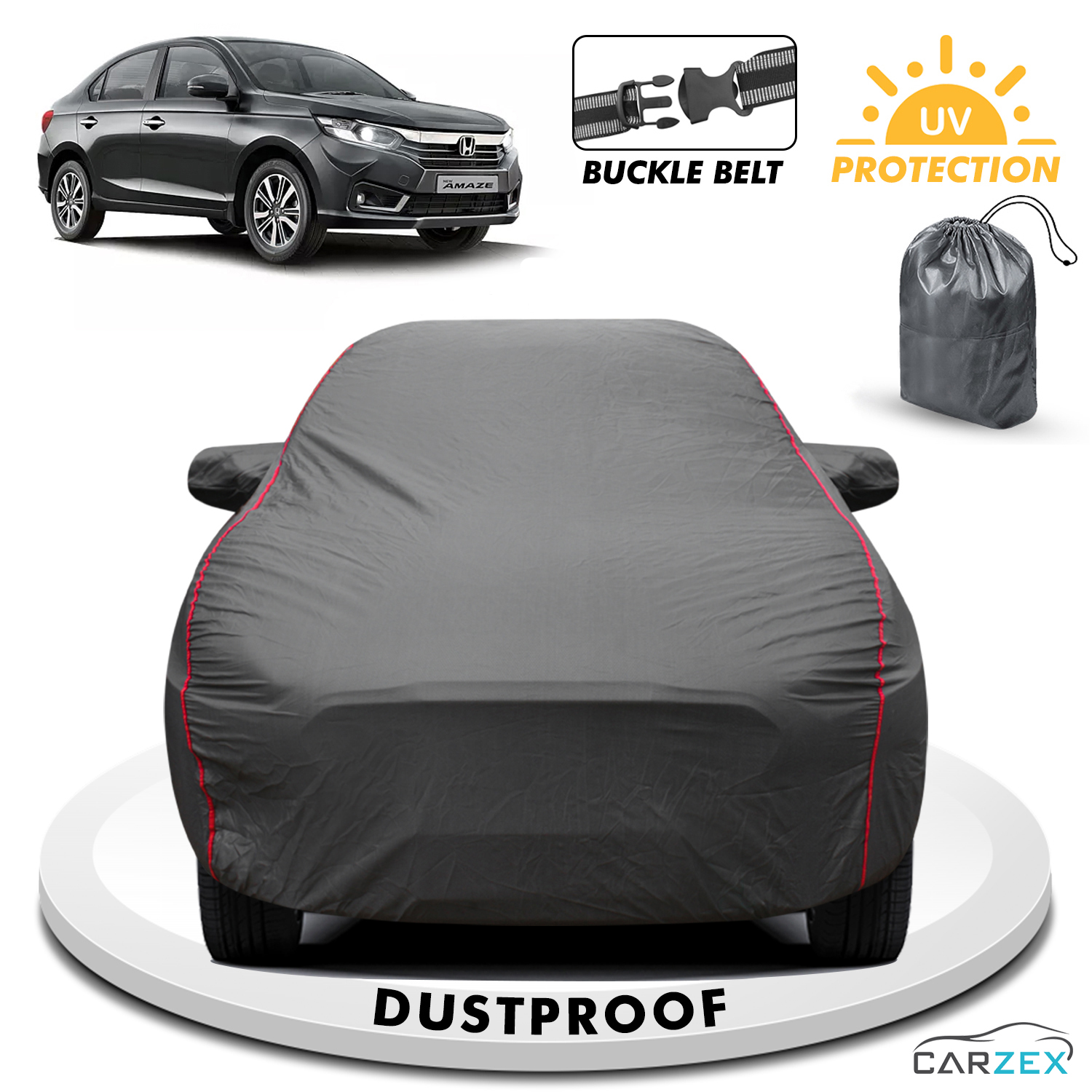 Carzex 2x2 Heavy Duty Red Border Car Body Cover For Honda Amaze New