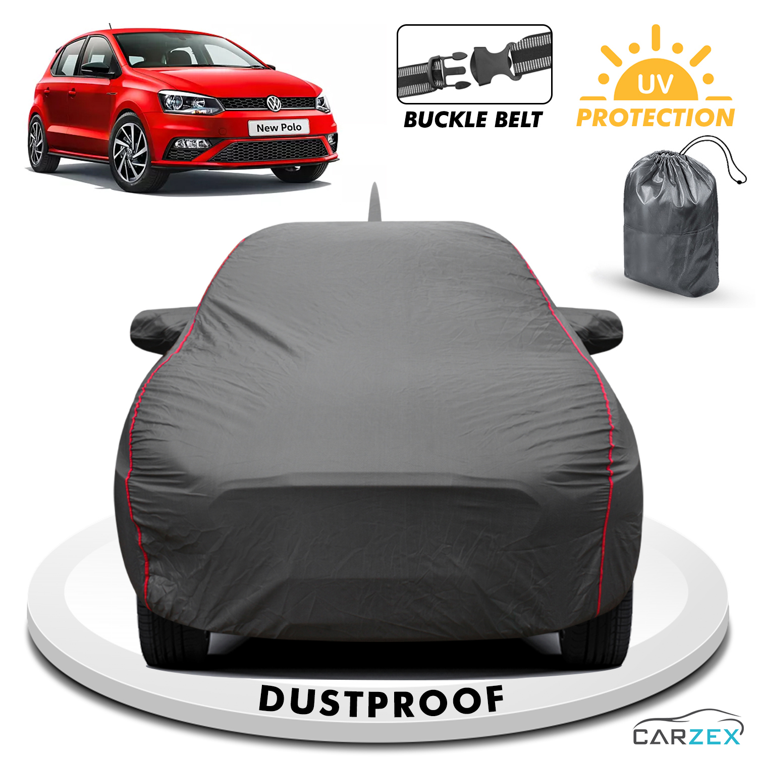 Carzex 2x2 Heavy Duty Red Border Car Body Cover For Volkswagen Polo