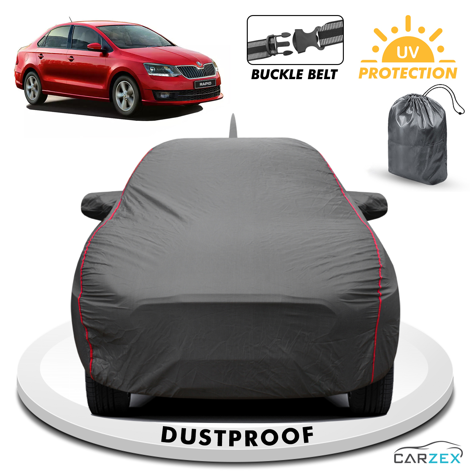 Carzex 2x2 Heavy Duty Red Border Car Body Cover For Skoda Rapid