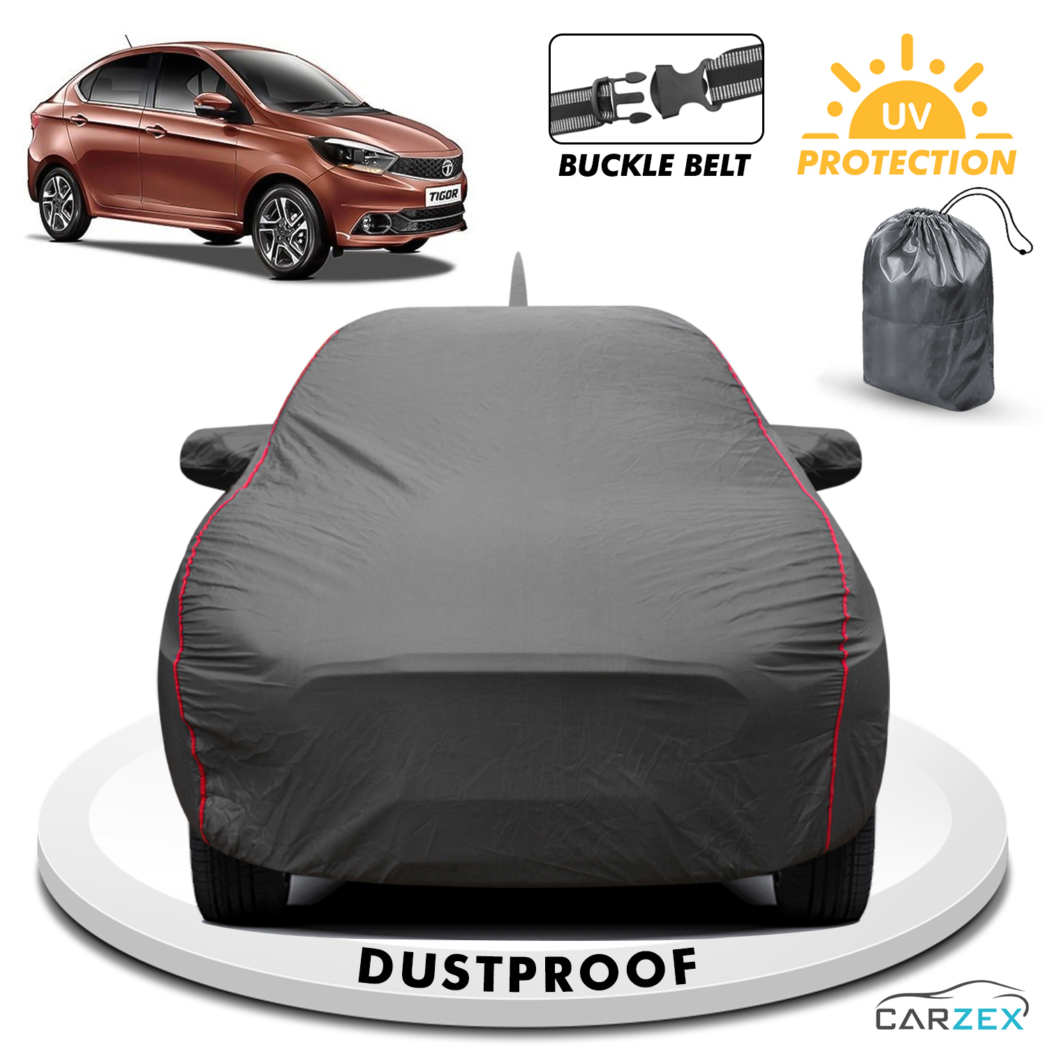 Carzex 2x2 Heavy Duty Red Border Car Body Cover For Tata Tigor