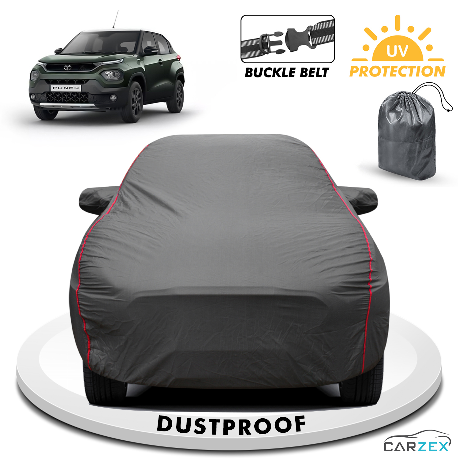 Carzex 2x2 Heavy Duty Red Border Car Body Cover For Tata Punch