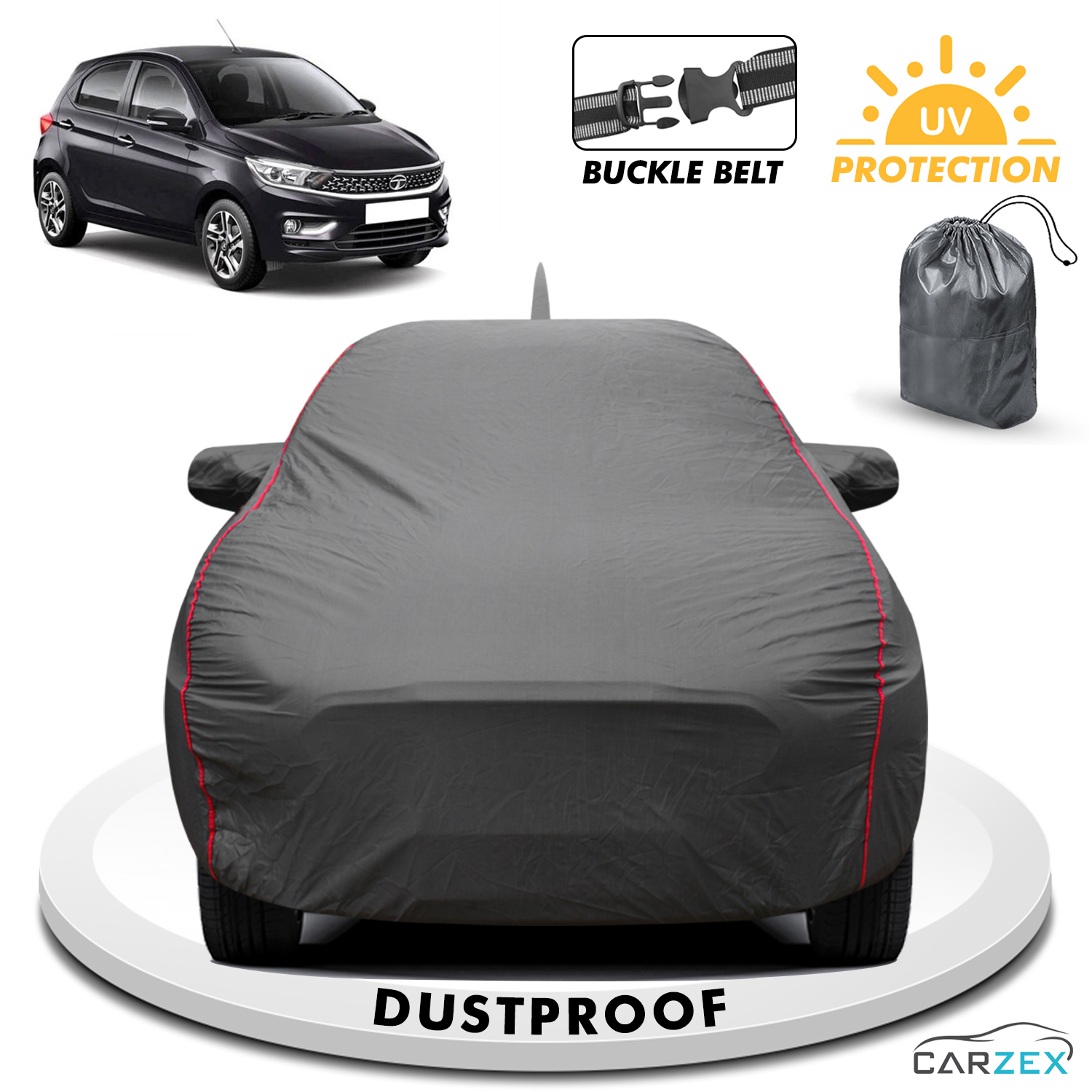 Carzex 2x2 Heavy Duty Red Border Car Body Cover For Tata Tiago