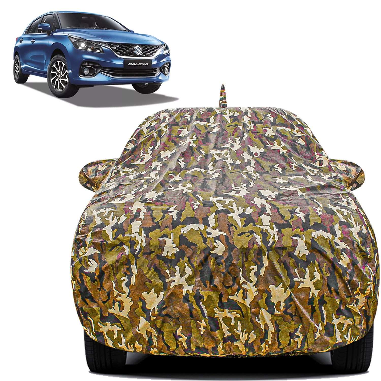 Carzex Waterproof & Heat Resistant Jungle Print Camouflage Design Car Body Cover with Mirror & Antenna Pockets For Maruti Suzuki Baleno New