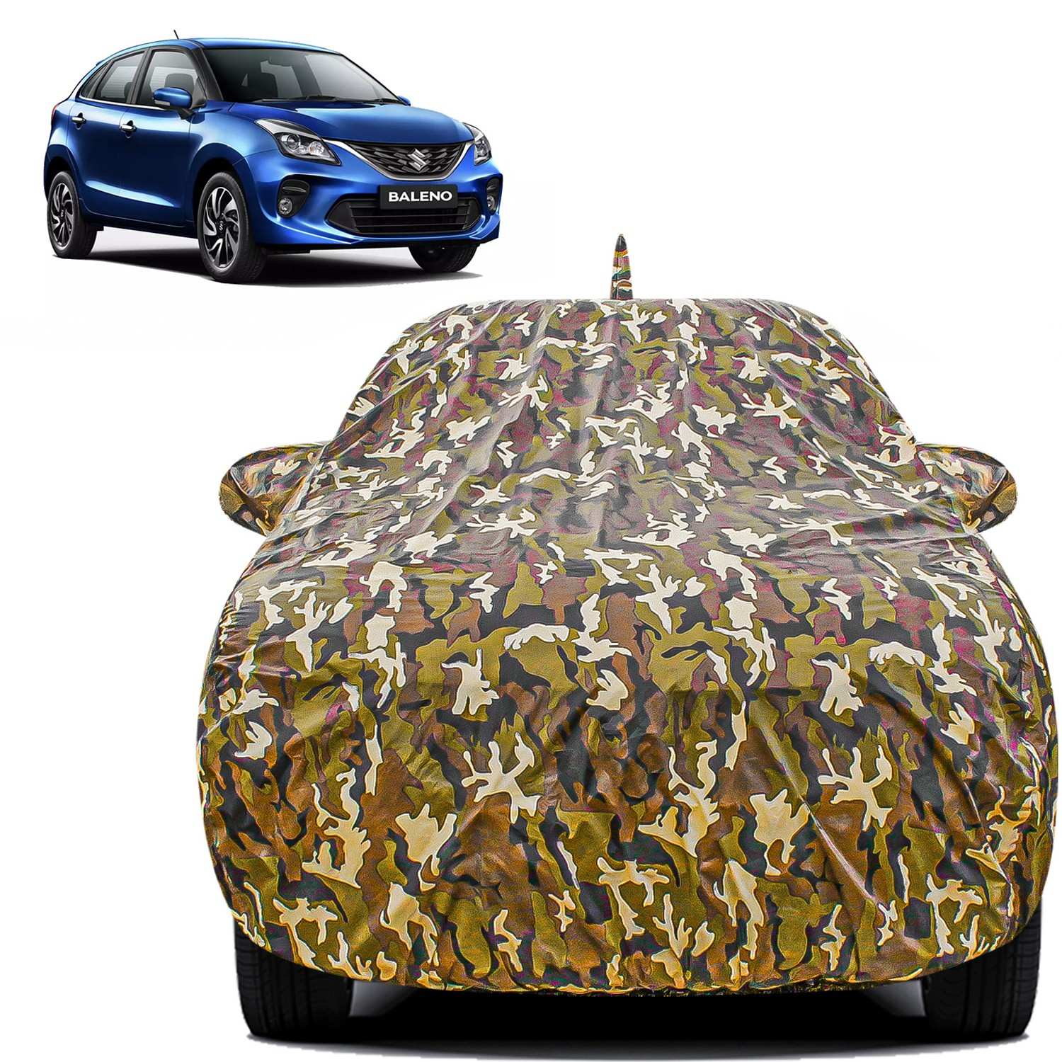 Carzex Waterproof & Heat Resistant Jungle Print Camouflage Design Car Body Cover with Mirror & Antenna Pockets For Maruti Suzuki Baleno Old