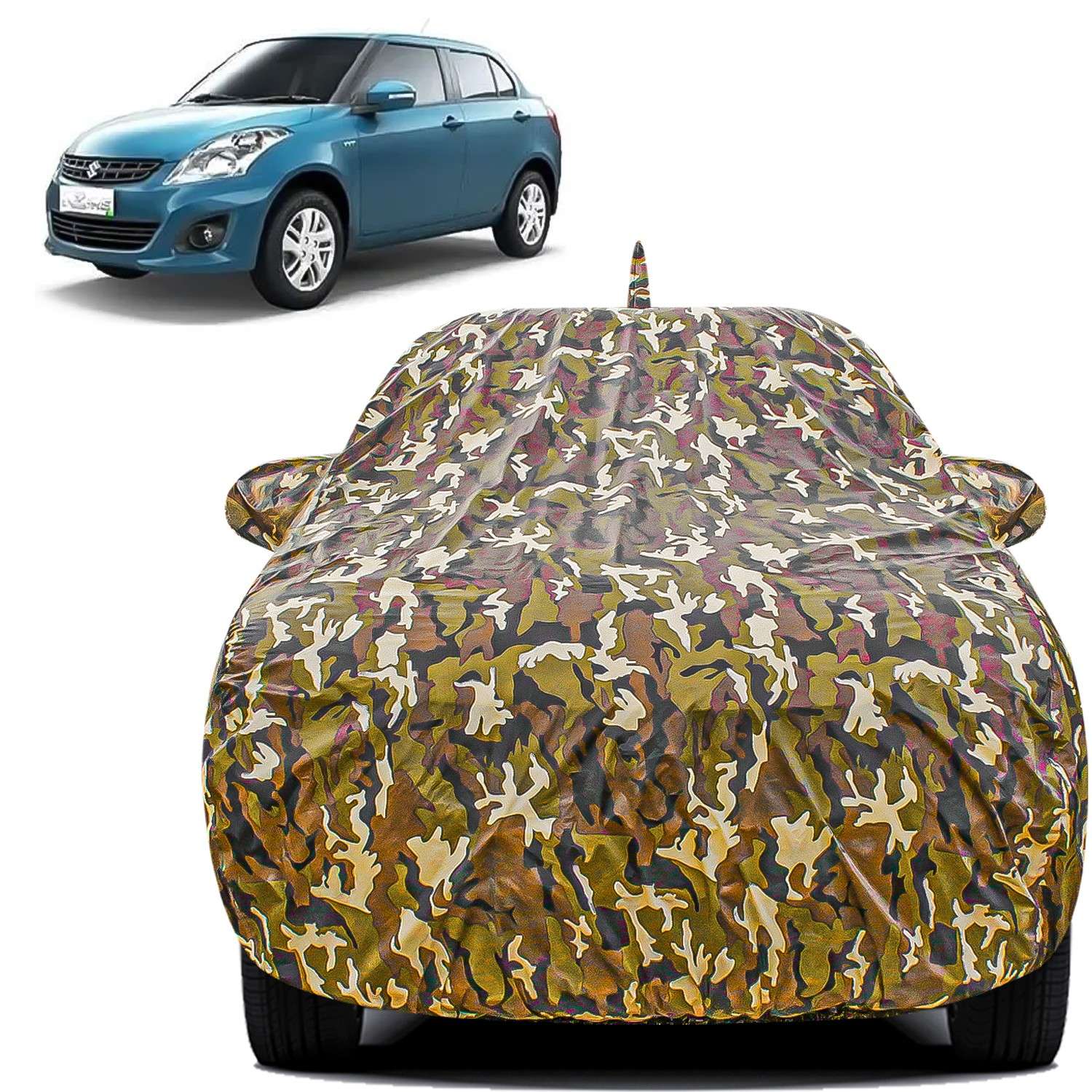 Carzex Waterproof & Heat Resistant Jungle Print Camouflage Design Car Body Cover with Mirror & Antenna Pockets?For Maruti Suzuki Dzire Old